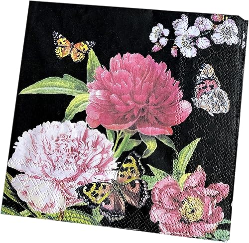 20 servilletas florales de 13 x 13 pulgadas, servilletas decorativas de peonía negras para decoupage, bonitas servilletas de papel floral para el