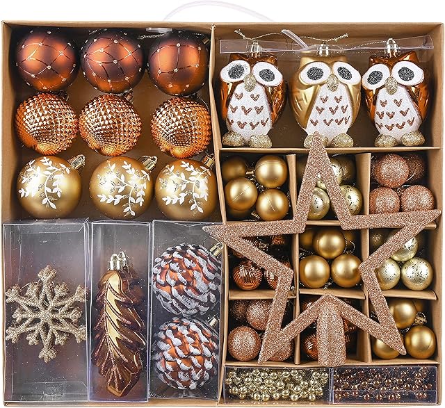 Valery Madelyn 90pcs 3-12cm Shatterproof Christmas Baubles Pack with Tree Topper, Woodland Copper and Gold Christmas Ball Ornaments for Christmas Tree Decoration
