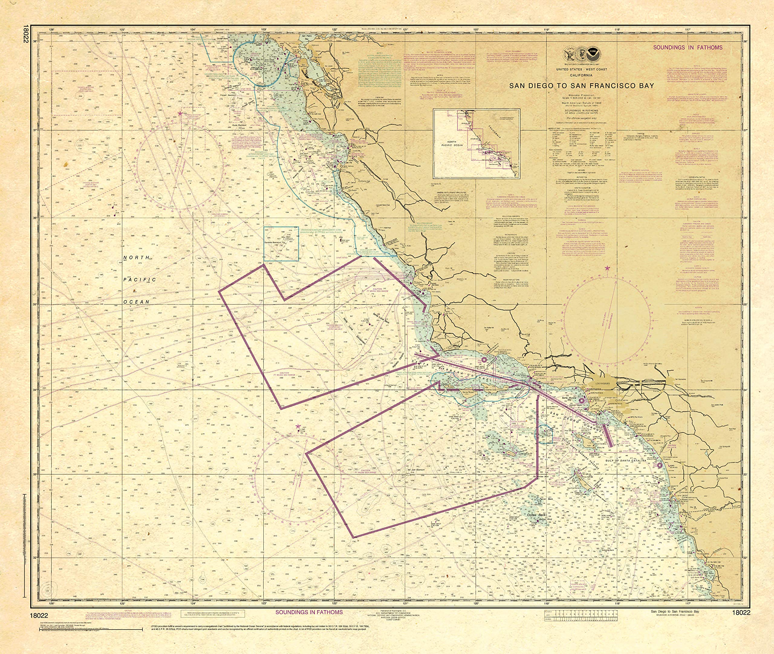 Paradise Cay Publications, Inc. Antiqued NOAA Chart 18022: San Diego to San Francisco Bay