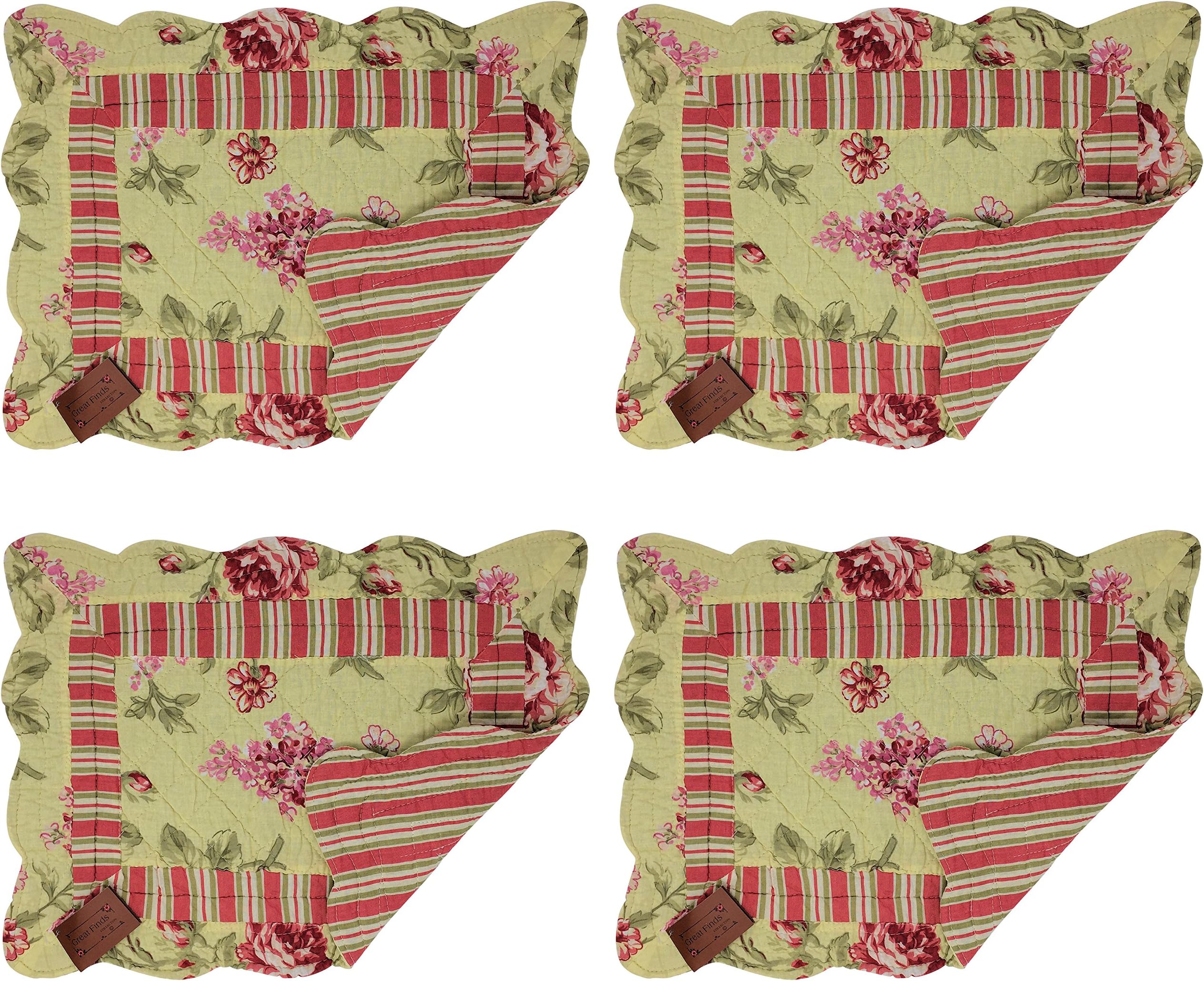 Great Finds Nita Floral Stripe Reversible Quilted Cotton Placemats 0213PM, 18x13", Set of 4, Multi