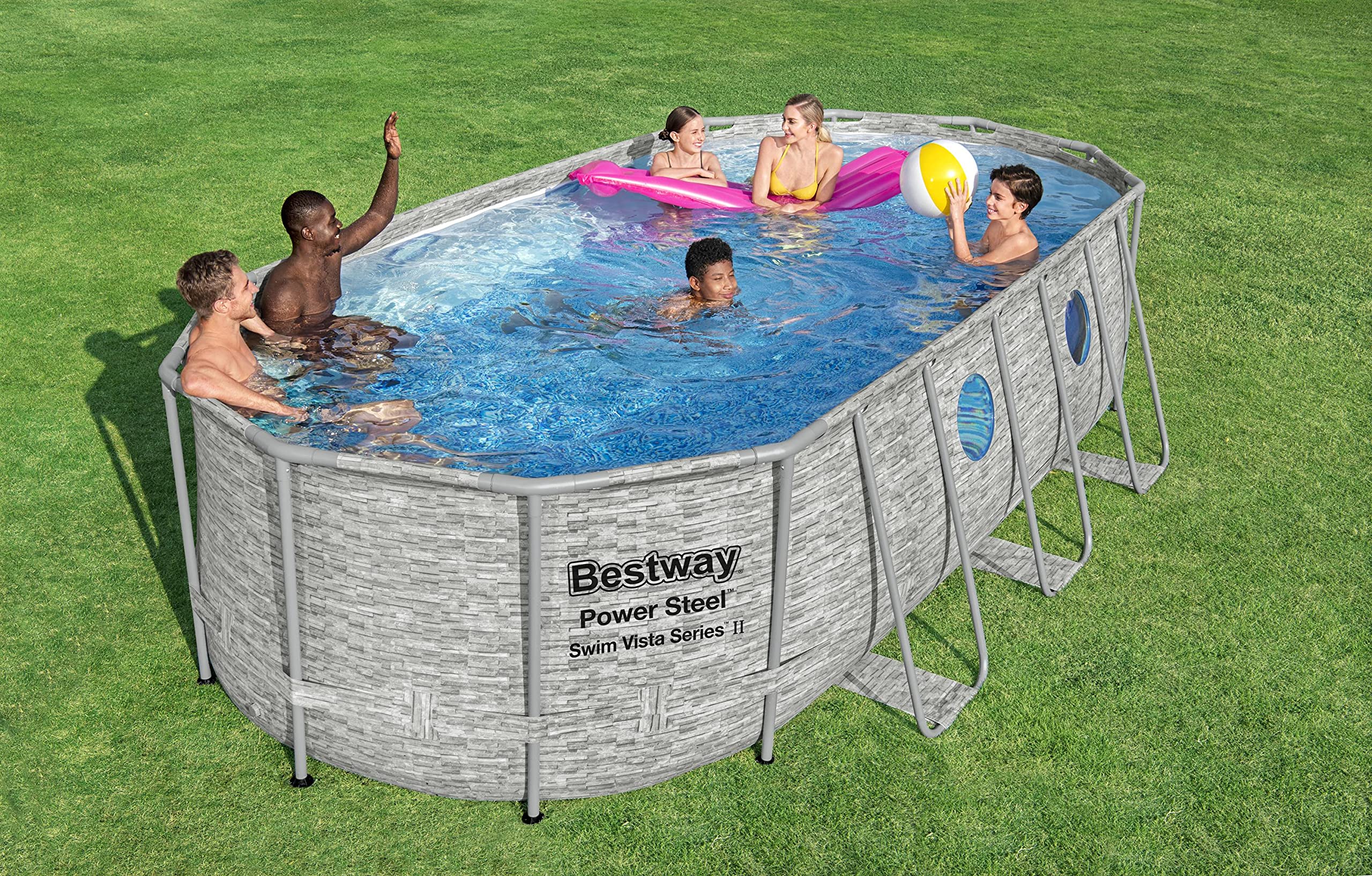 Bestway Power Steel Swim Vista Series Frame Pool Komplett-Set mit Filterpumpe 549 x 274 x 122 cm, Steinwand-Optik (Cremegrau), oval