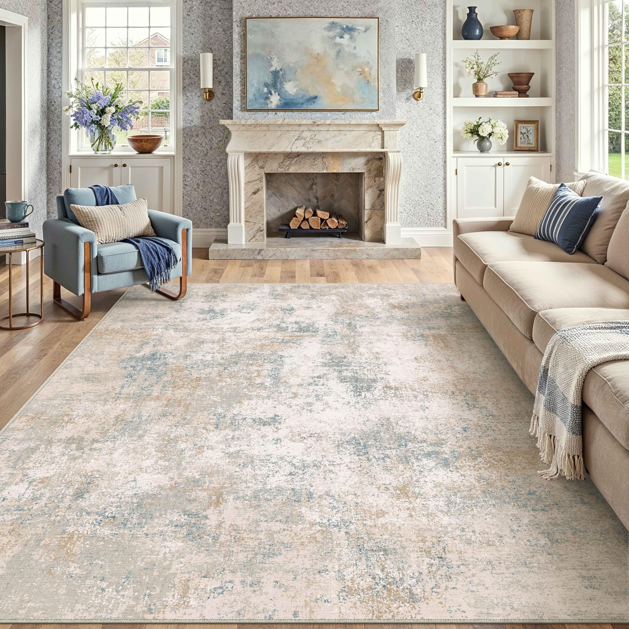 PureCozy Abstract Area Rug Living Room Extra Large 240x300 cm Machine Washable Light Beige Blue Non Slip XXL Rugs for Bedroom Dining Room Home Office, Soft Low Pile Carpet for Home Indoor Decor — image 1