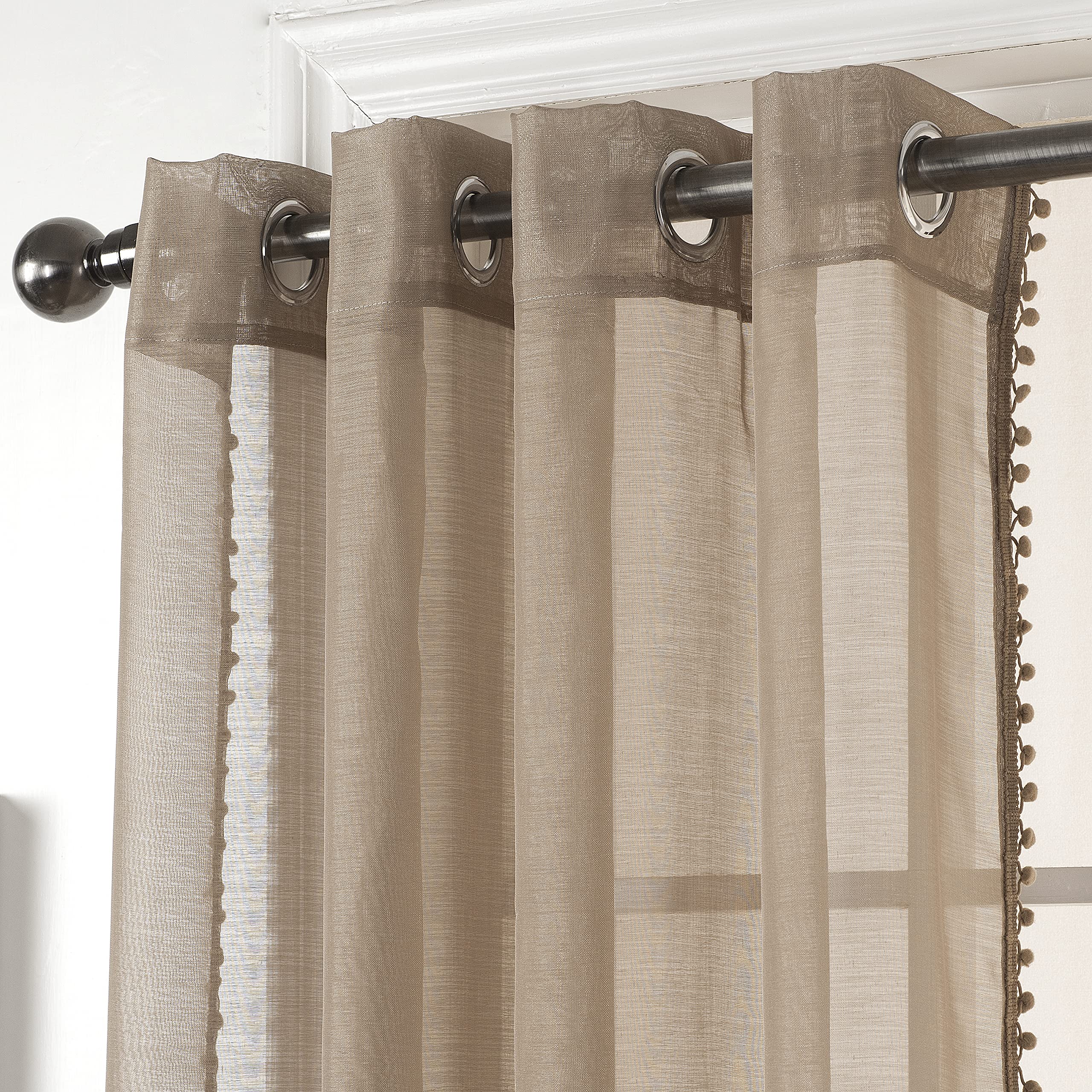 Amania Trading Ltd Latte POM POM Eyelet Ring Top Header Linen Look Sheer Voile Children Modern Curtain Panels 54" (137cm) Drop