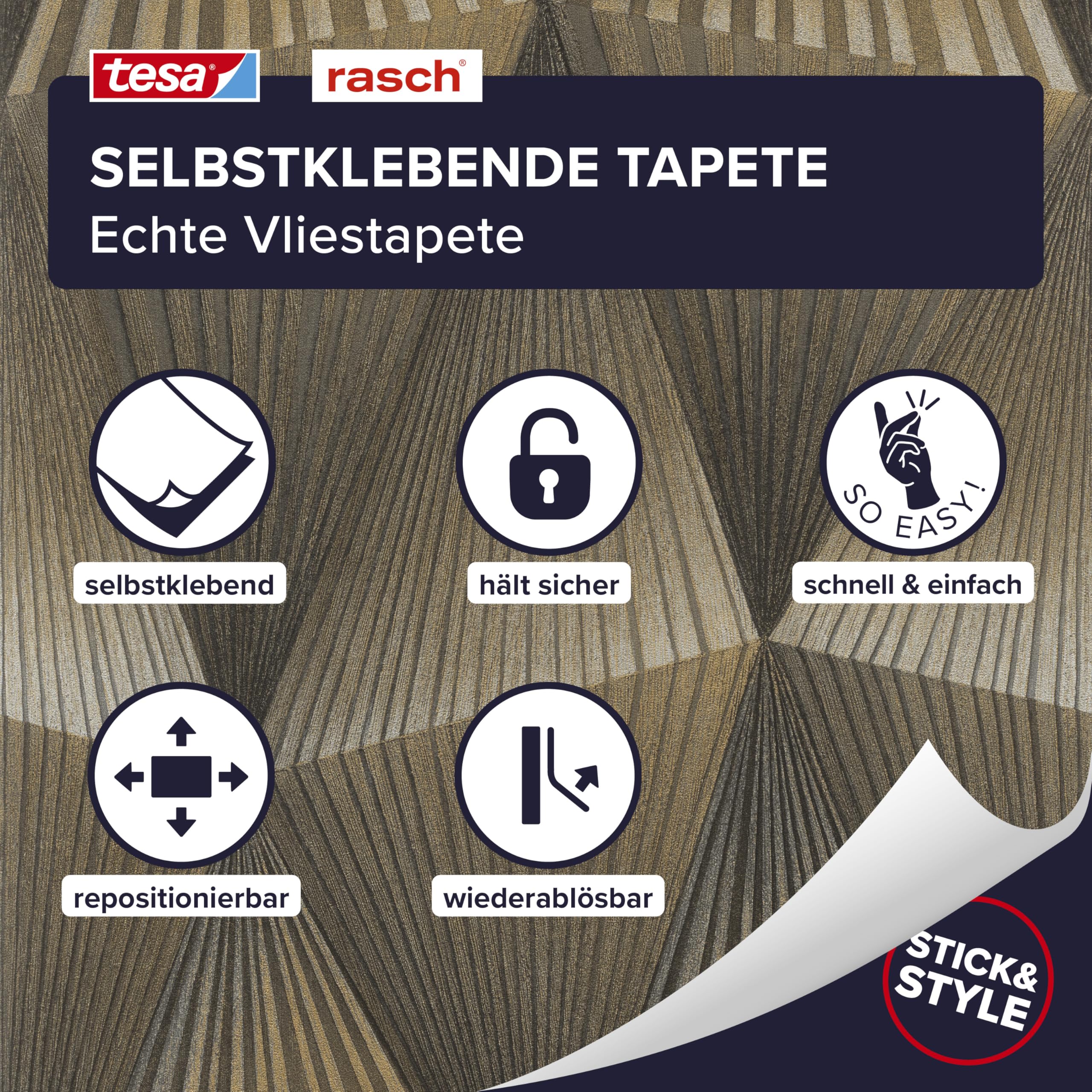 Rasch Papel pintado autoadhesivo 3D Cairo – Papel pintado texturizado geométrico efecto 3D en oro – Fácil de colocar sin pegamento con tecnología adhesiva Tesa – 6 m x 0,53 m