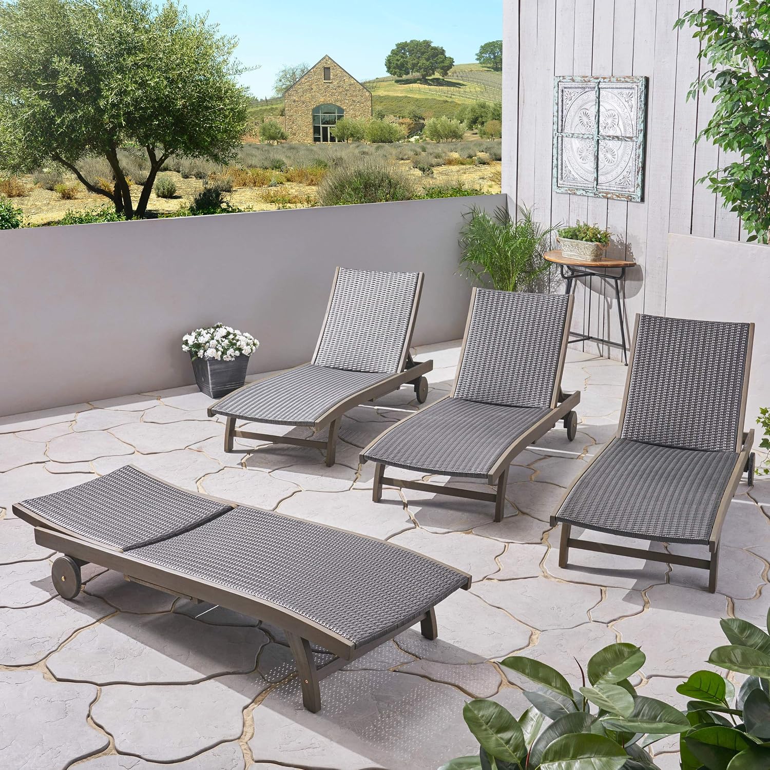 GDFStudio Outdoor Wicker and Wood Chaise Lounge with Pull-Out Tray, Set of 4, Gray