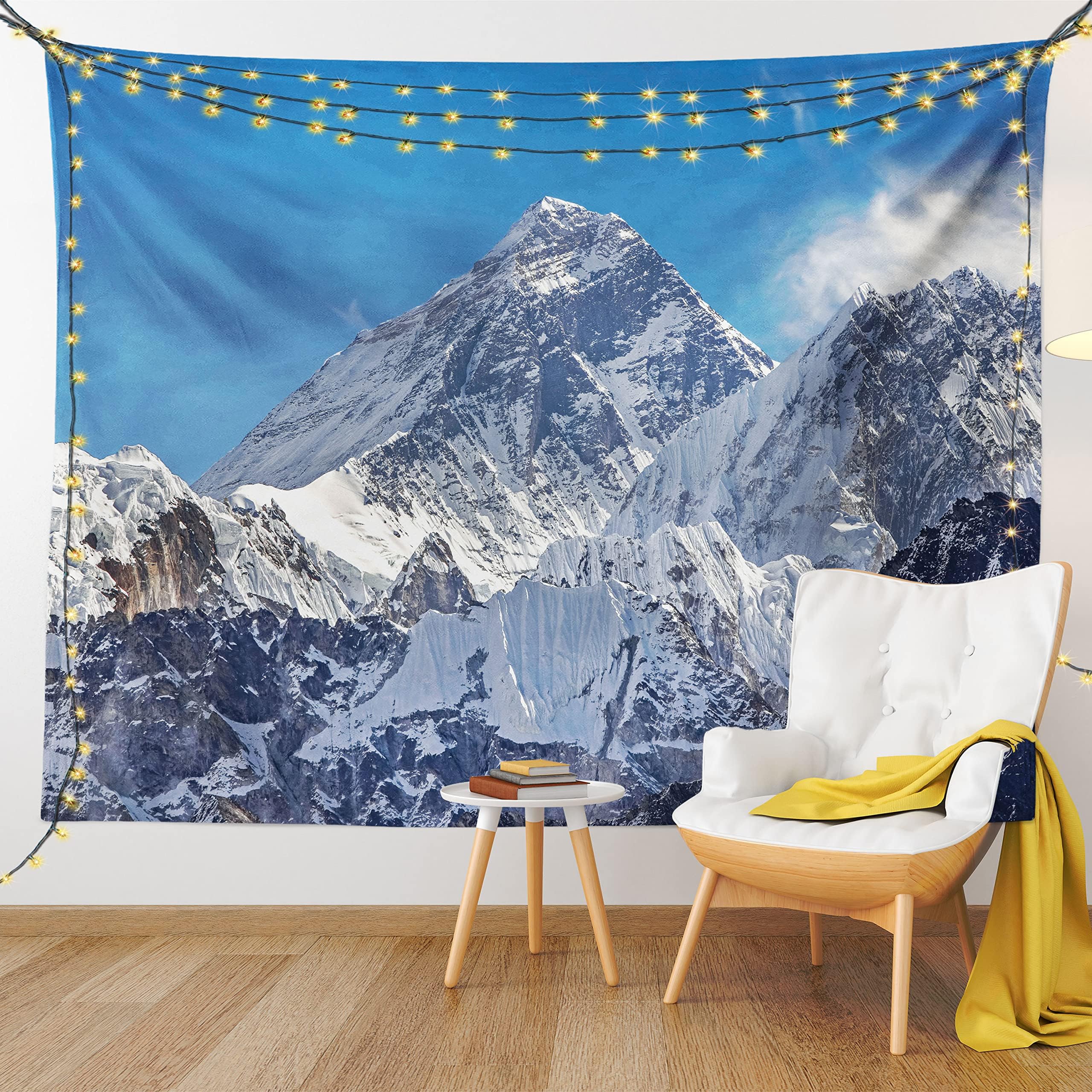 Lunarable Snow Mountain Tapestry Queen Size, Mount Everest Highest Peak Landscape Image at Himalayan Range, Wall Hanging Bedspread Bed Cover Wall Decor, Queen Size, Sea Blue and Multicolor