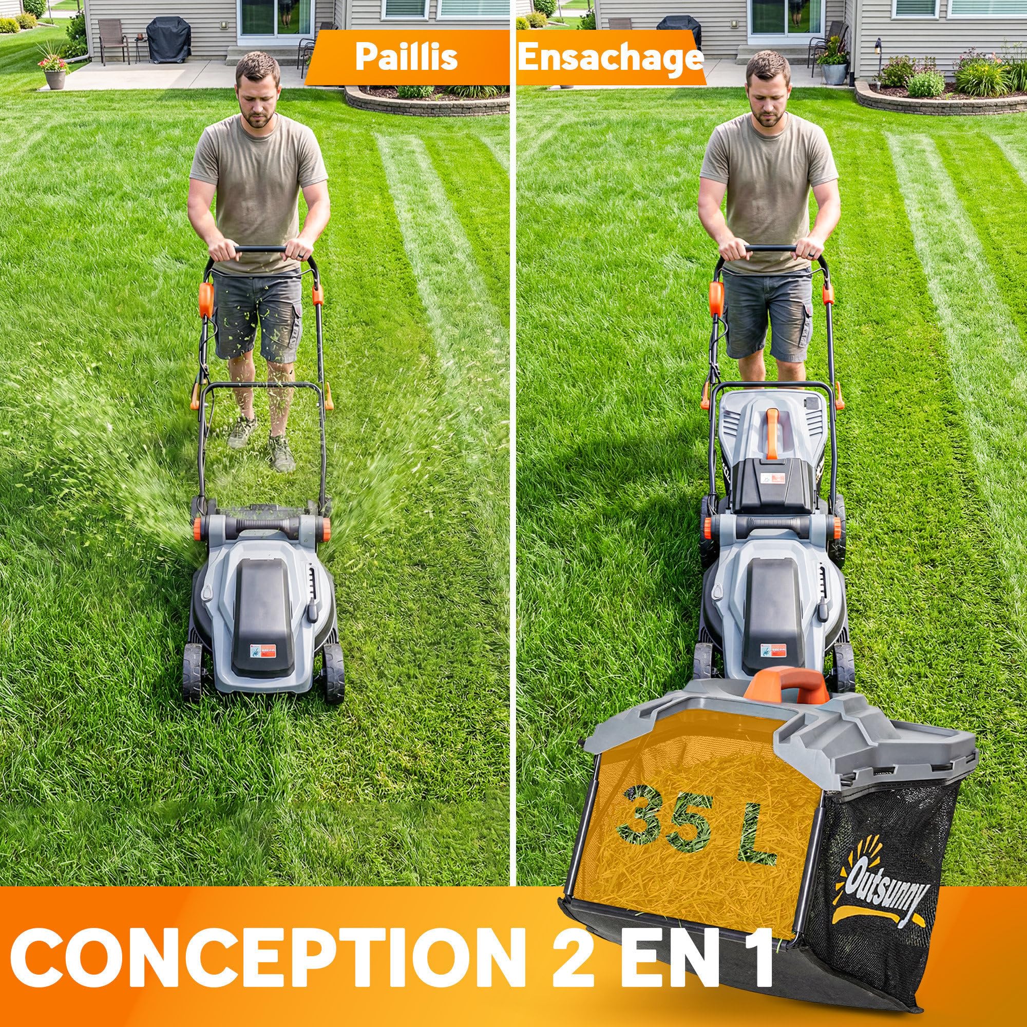 Outsunny Tondeuse à Gazon sans Fil 18V x2 - Moteur Brushless 700W, 2x4.0Ah Batteries pour 400m², Largeur 34cm, 6 Hauteurs 25-75mm, Mulching Silencieux, Gris Clair