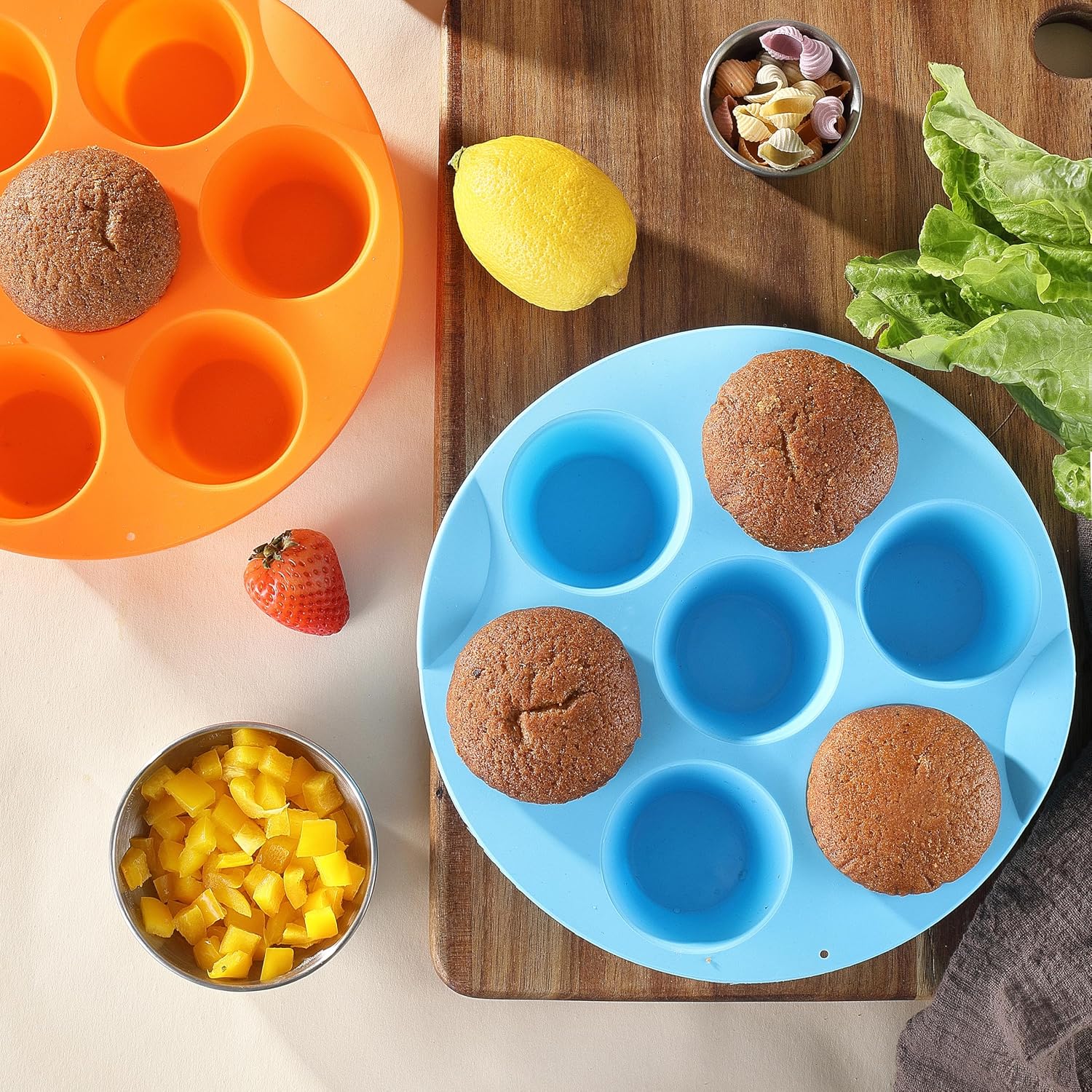 2 Pack Silicone Egg Bite Molds, Food Grade 7-Cups Air Fryer Muffin Pan for Baking Mini Muffins, Egg Bite, Tart, Mini Cupcake and Quiche, Nonstick and BPA - Free (Orange+Blue)