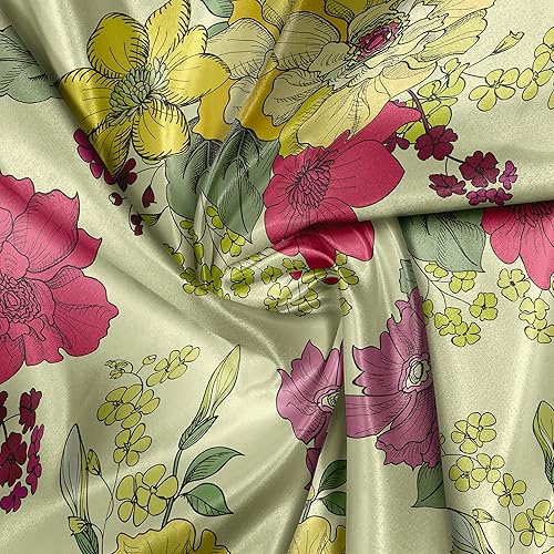 Miniatura 4 de Ambesonne Floral Fabric by The Yard, Continuous Illustration of Naive Nature Style Spring Style Blossoms, Decorative Satin Fabric for Home Textiles