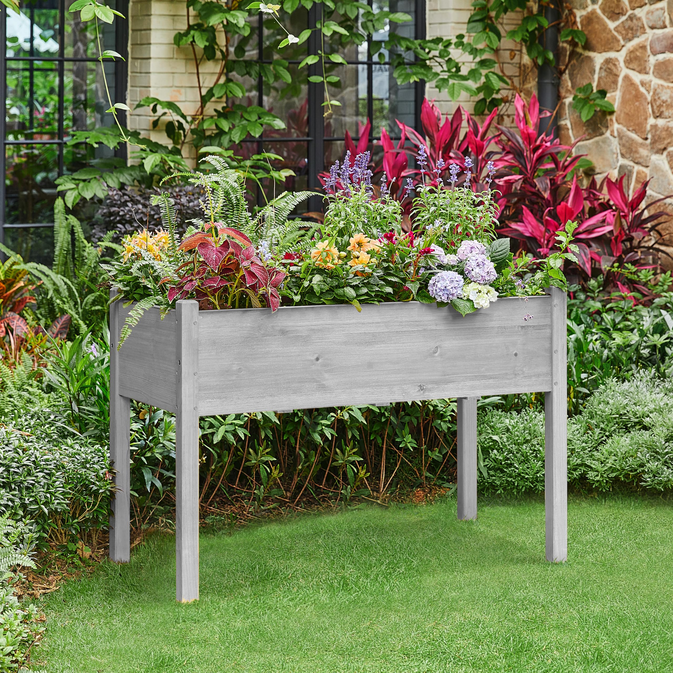 Yaheetech Jardinera Elevado de Madera Huerto Urbano Terraza Mesa de Cultivo para Cultivo Flores Verduras Hierbas 120.5x59x76.5 cm Gris