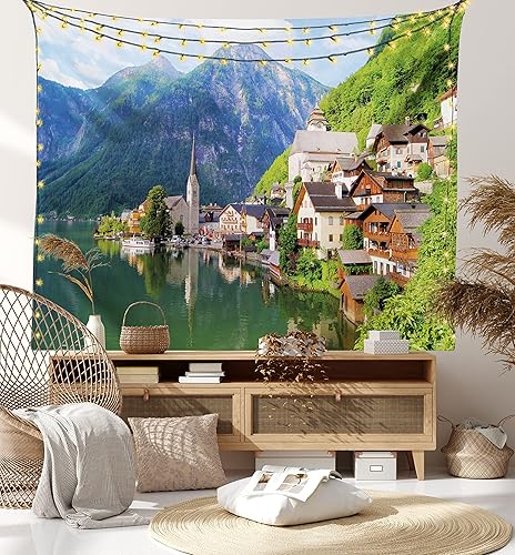Miniatura 8 de Ambesonne Tapiz de naturaleza tamaño King, idílico Alpes pueblo pequeño por Majestic Mountain Lake Paisaje pastoral europeo, colcha colgante de