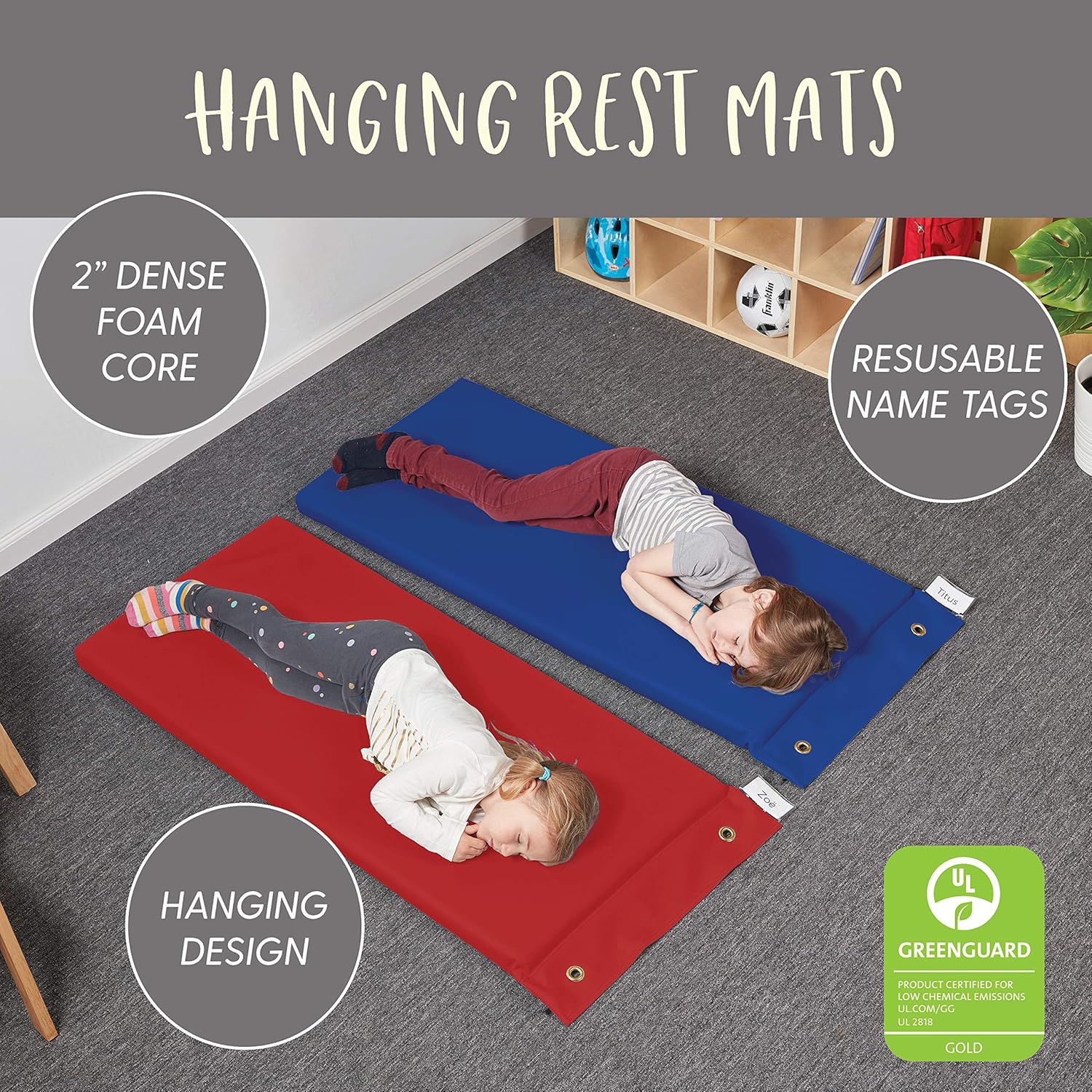 Factory Direct Partners Hanging Rest Mat and Wall Mount- Daycare and Preschool Nap Mats (7-Piece Set) - Assorted