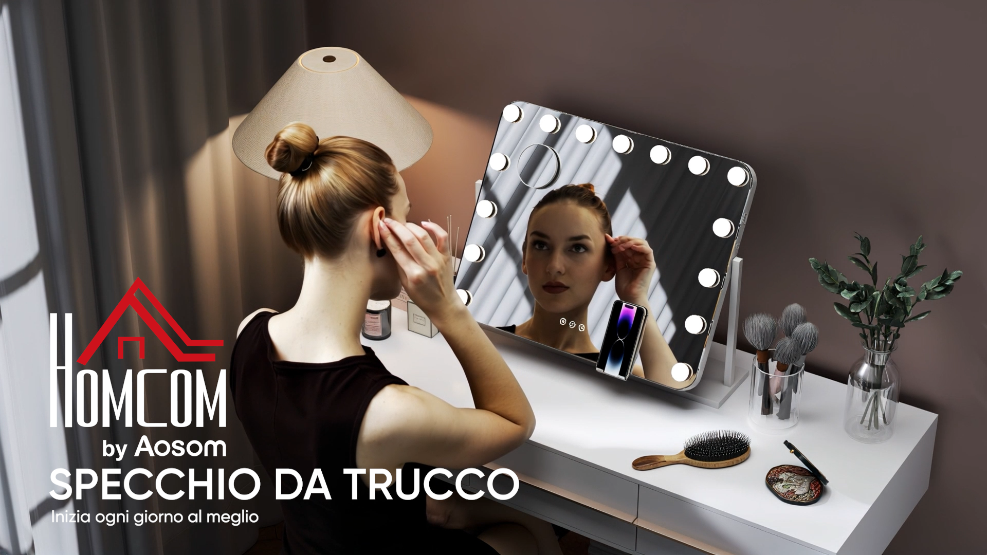 HOMCOM Specchio Trucco con Luci 15 LED, 58x46cm, Luminosità Regolabile, Ricarica USB, Specchio Trucco Hollywood con 3 Colori Luce, Schermo Touch, Supporto Telefono, Ingrandimento 10X, Rotazione a 360
