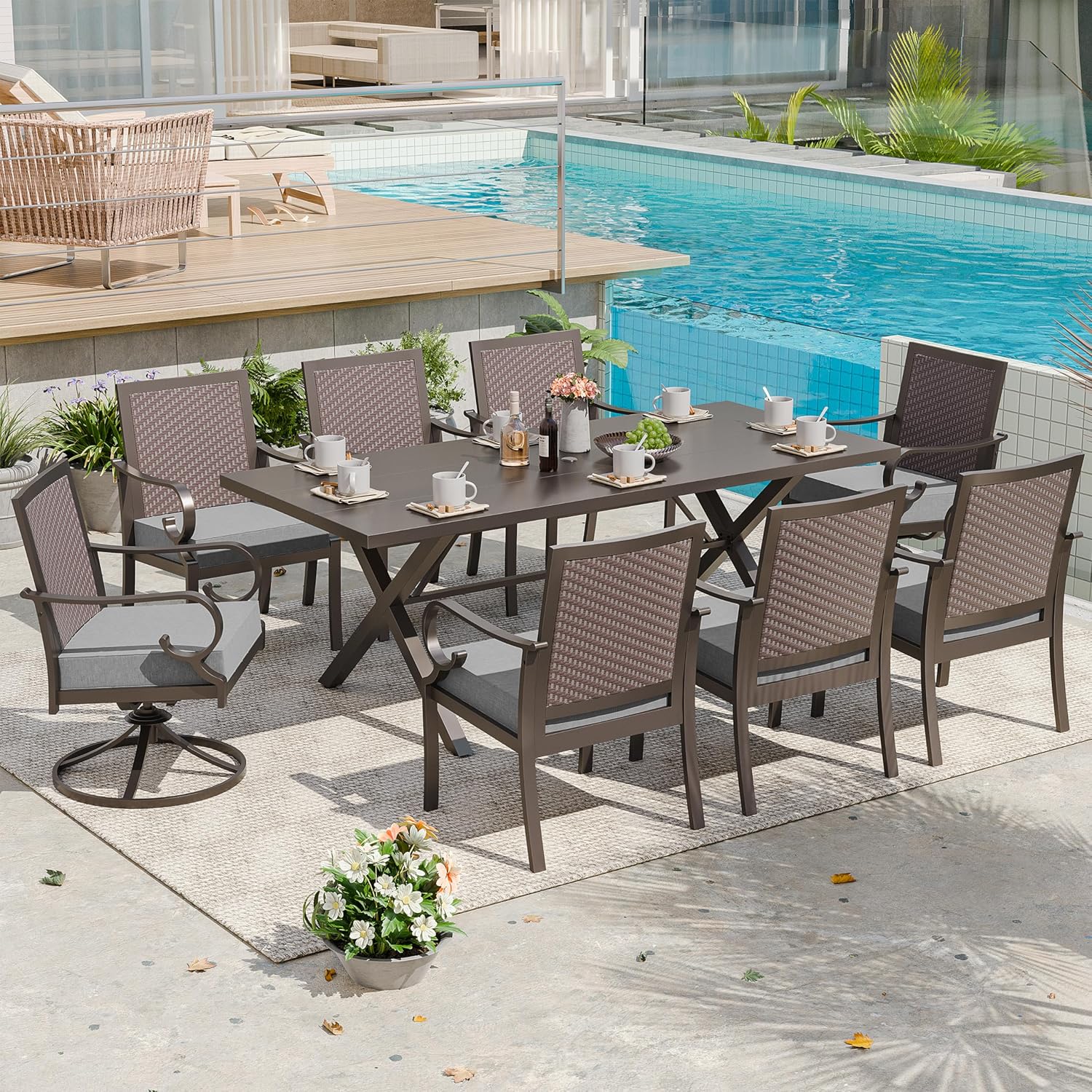 Kurapika 9 Piece Patio Dining Set Outdoor Furniture with 2