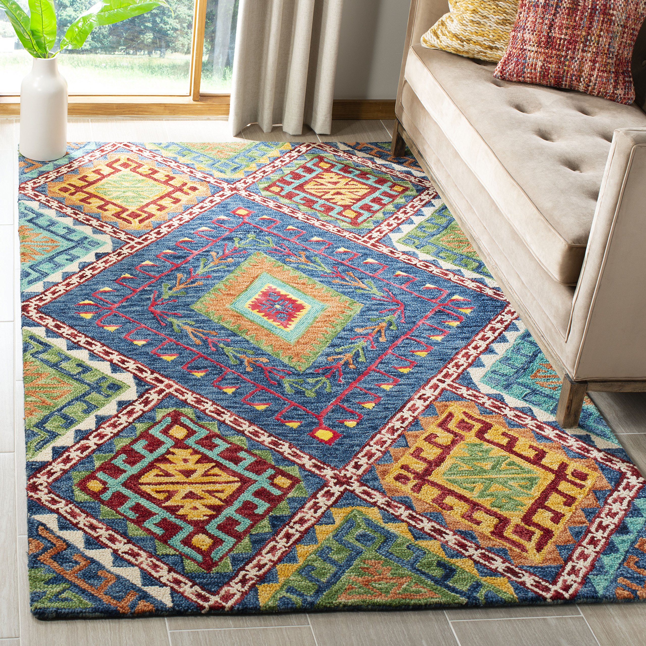 SAFAVIEH Aspen Collection Area Rug - 6' x 9', Blue & Multi, Handmade Boho Diamond Wool, Ideal for High Traffic Areas in Living Room, Bedroom (APN516M)