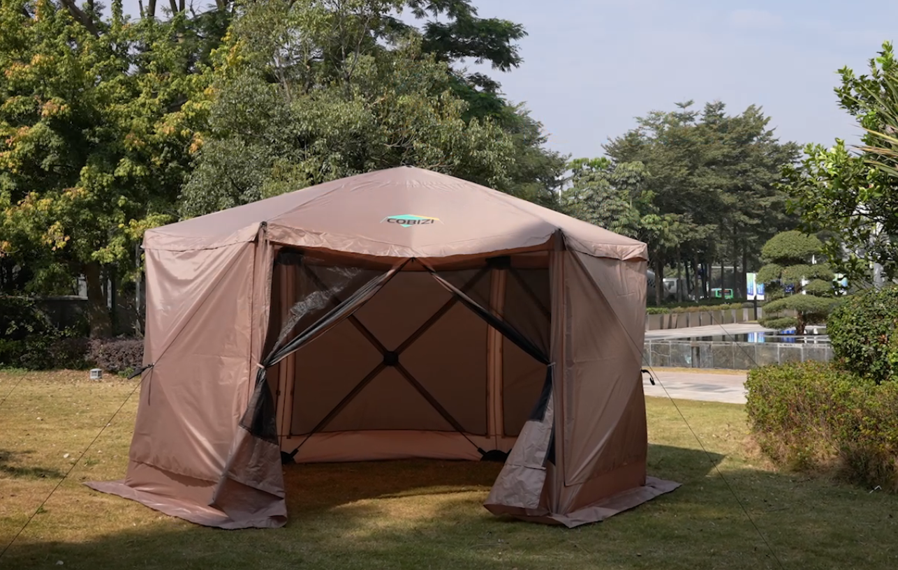Dextrus 12x12ft Screen House Room Camping Tent,Outdoor Canopy Gazebo Pop Up Sun Shade Shelter With 6 Mesh Zipper Doors Beige - View #9