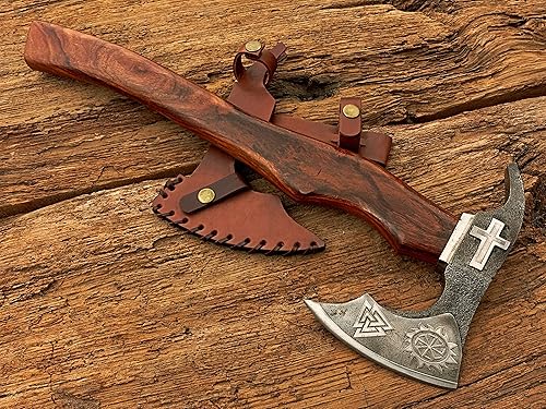 Miniatura 2 de Hacha única de acero al carbono hecha a mano  Hacha funcional  Hacha vikinga  Mango de madera rosa altamente pulido con funda de cuero