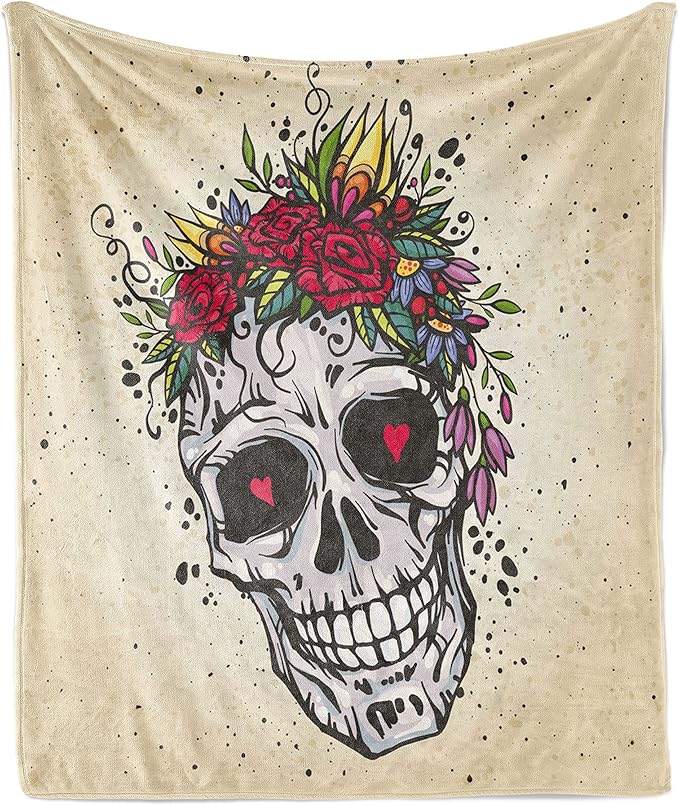 Ambesonne Sugar Skull Throw Blanket, Human Skull with Wreath of Roses and Wild Flowers Hearts in Boho Form Design, Flannel Fleece Accent Piece Soft Couch Cover for Adults, 50