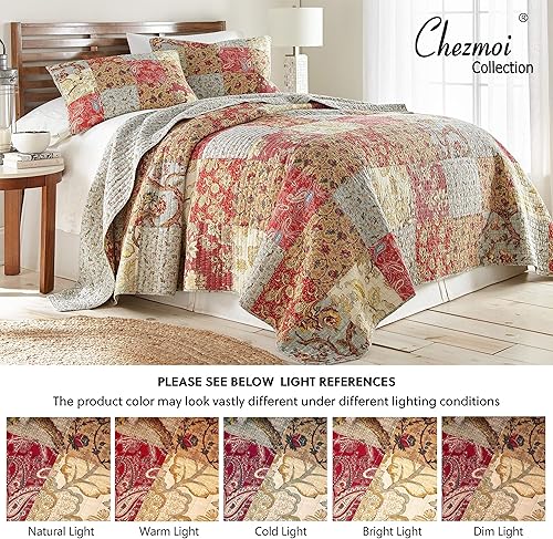 Miniatura 8 de Chezmoi Collection Leslie - Juego de edredón de 3 piezas, diseño floral de retazos prelavados, 100% algodón, tamaño Queen