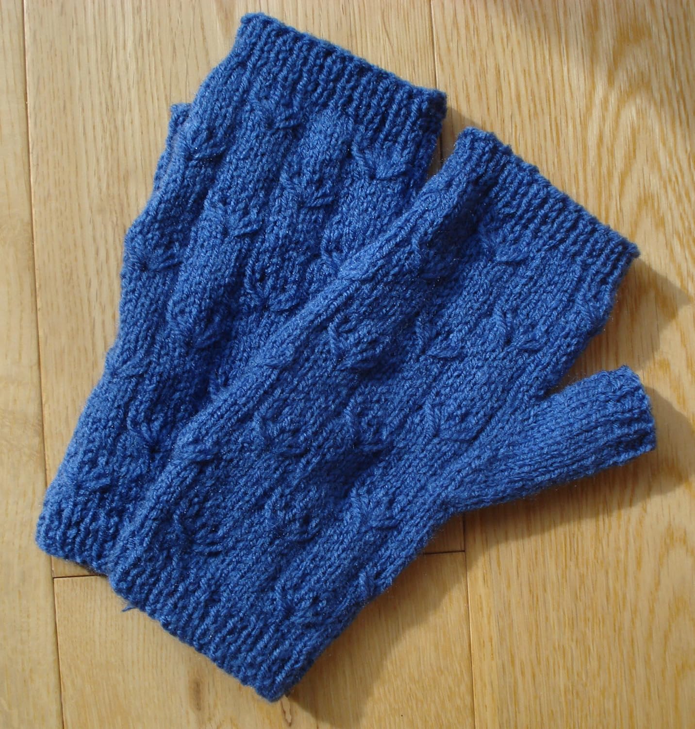 Hand Knitted Aran Fingerless Gloves with Fan Pattern Purple or Blue