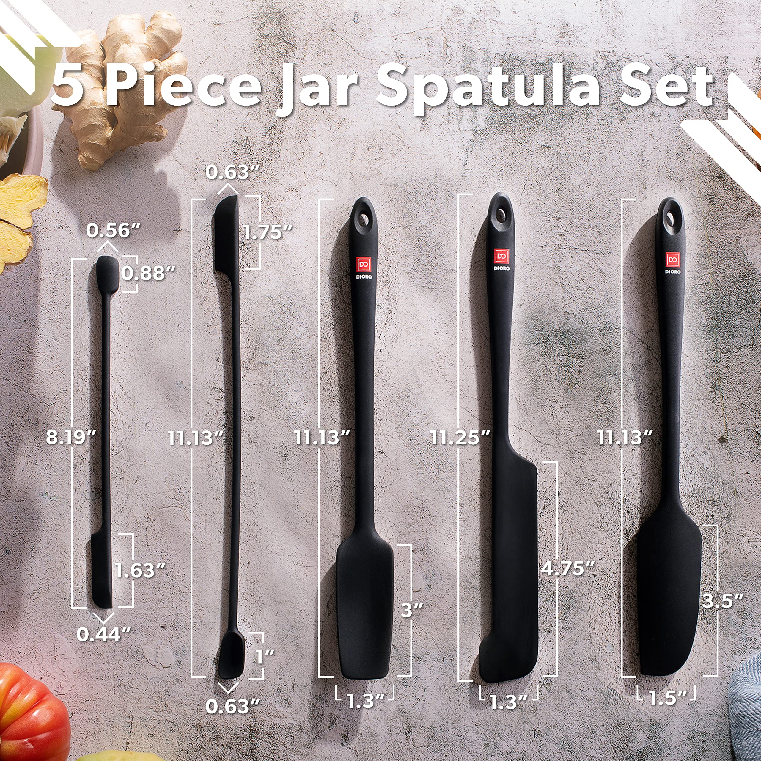 DI ORO Espatulas Silicona Cocina - Sin BPA Utensilios de Cocina de Silicona Resistentes al Calor Hasta 315°C - Espátulas Raspadoras y Mezcladoras de Silicona para Hornear y Cocinar (5 Piezas, Negro)