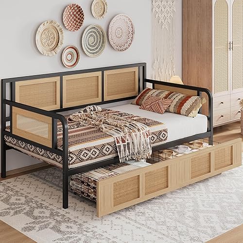 ANCTOR Twin Daybed, Day Bed Frame with Storage Drawers, Rattan Boho Corner Bed Frames with Strong Supports, Sofa DayBed for Living Room, Bedroom, and Guest Room, Black