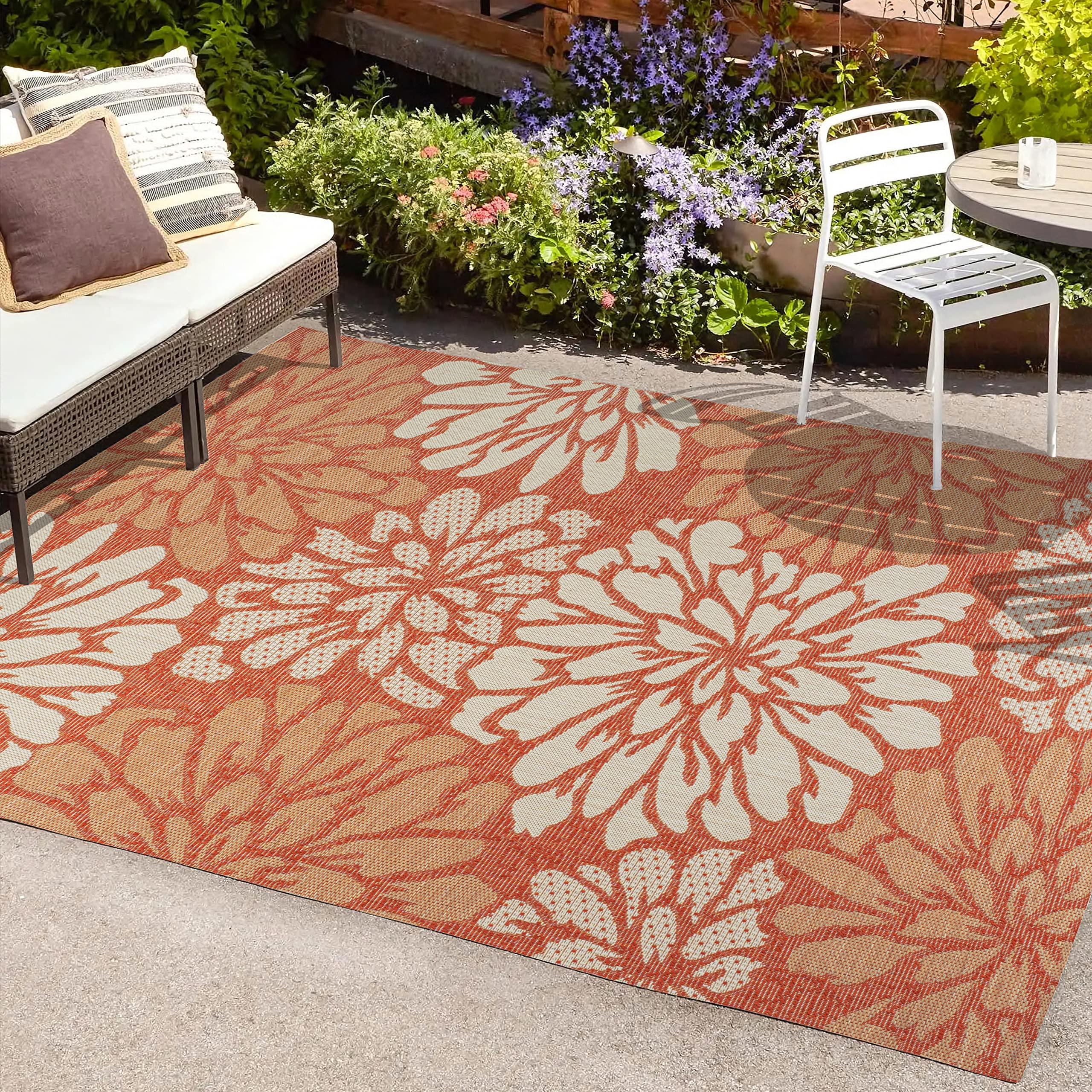 JONATHAN Y SMB110E-4 Zinnia Modern Floral Textured Weave Indoor Outdoor Area-Rug, Bohemian Coastal Mediterranean Easy-Cleaning,Bedroom,Kitchen,Backyard,Patio,Non Shedding, 4 X 6, Orange/Cream