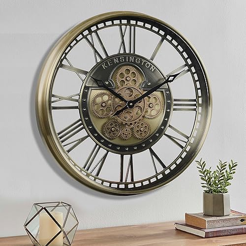 CLXEAST Reloj de pared de gran tamaño, industrial, vintage, retro, con números romanos, latón silencioso, dorado, para decoración de sala de estar,
