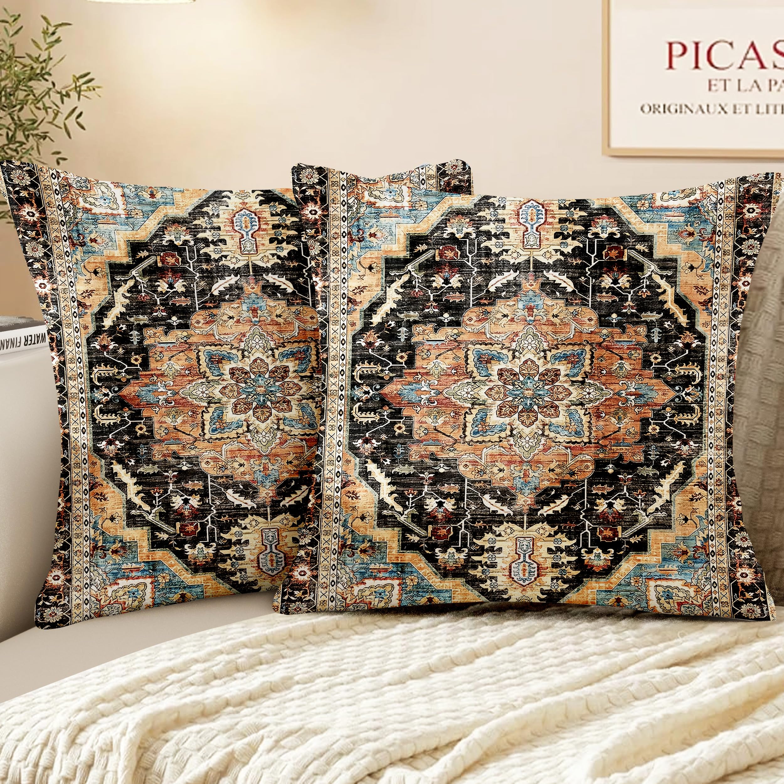 XPHZZL Pack of 2 Bohemian Style Linen Decorative Cushion Covers 65x65 cm Square Throw Pillow Covers 26x26 Inch Boho Style Pillowcases for Outdoor Home Decor Sofa Bedroom Car - Black Yellow