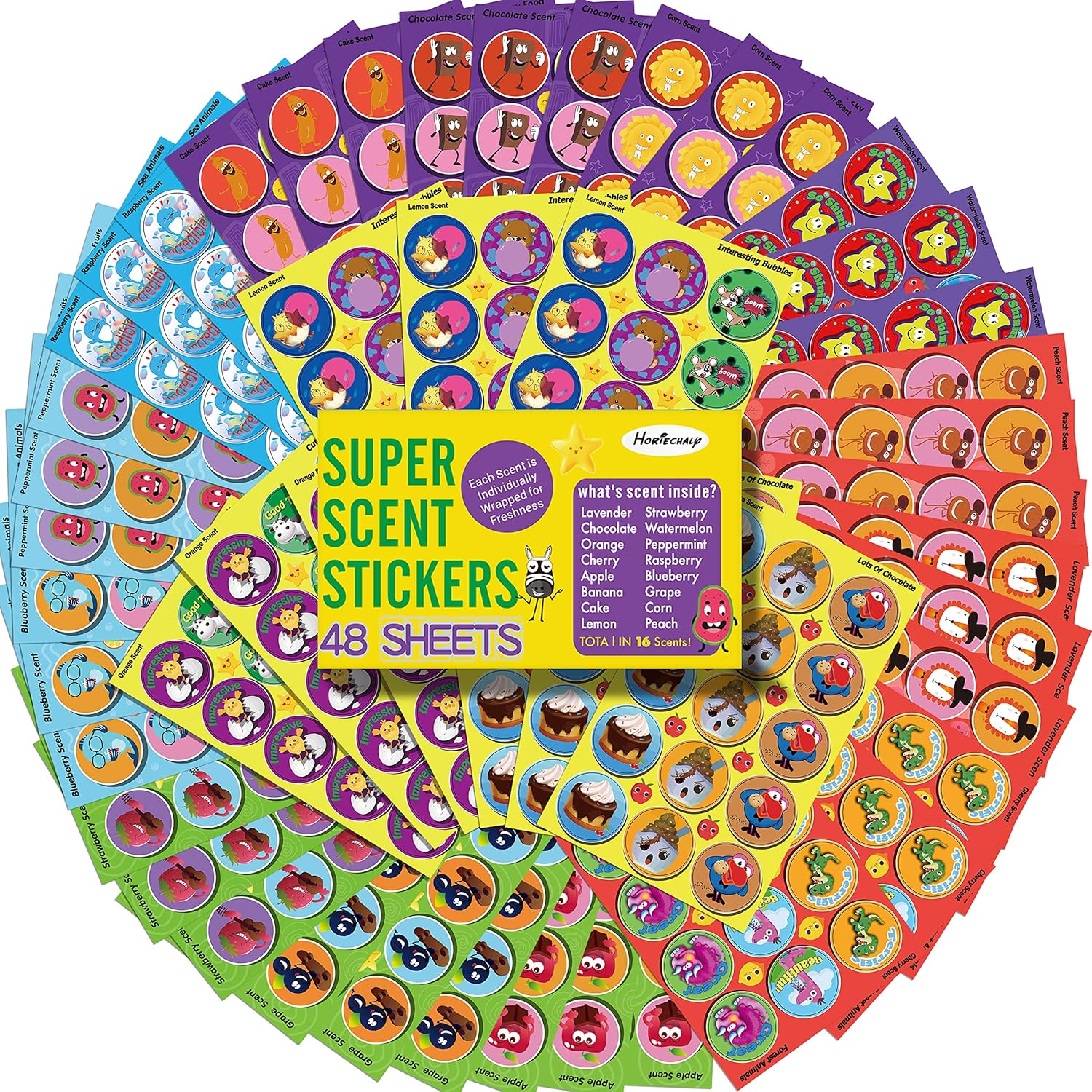 HORIECHALY Scratch and Sniff Stickers, 48 Sheets with 16 Scents, Smelly