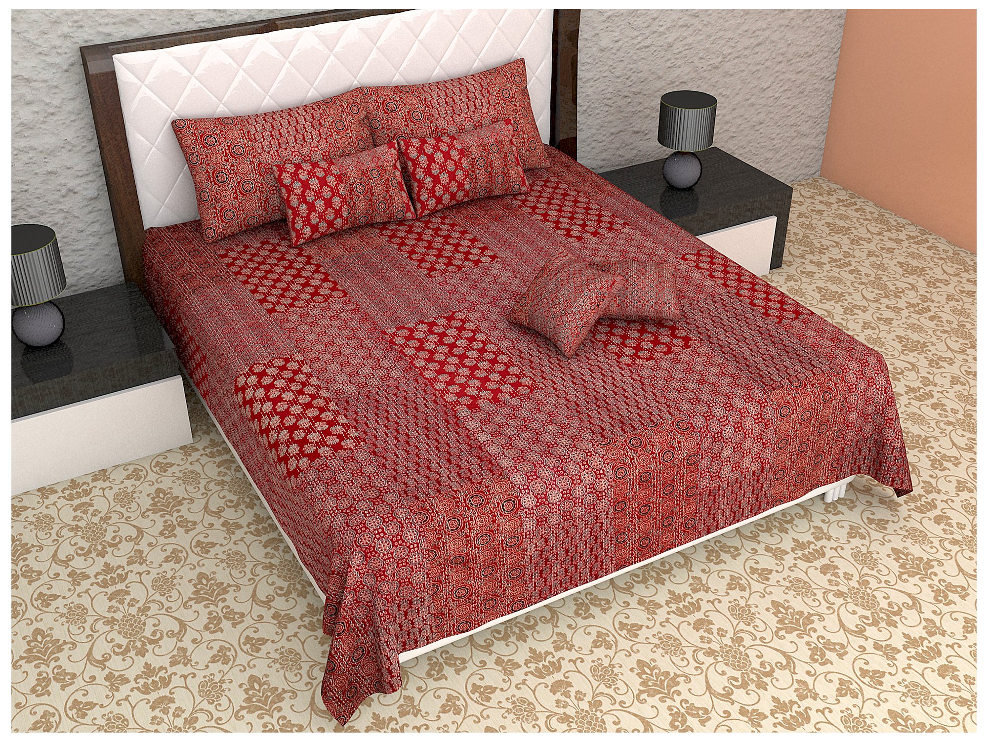 Indigenous Handicrafts Ajrakh Printed Kantha Work Patch Work Red Set of 7 Reversible Double Cotton Bedspread Bedding Set-image-46