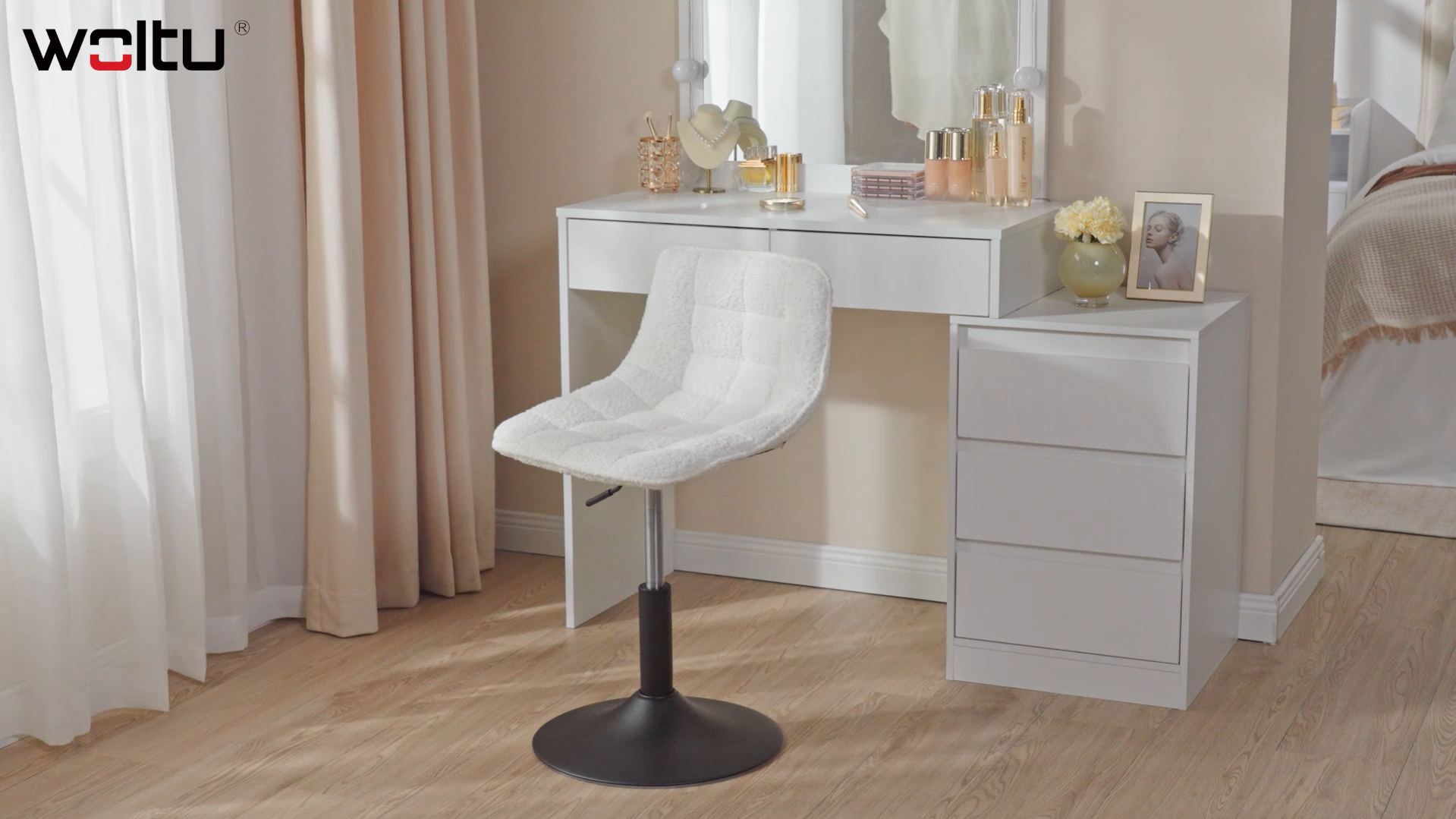 Tabouret Roulant Réglable En Hauteur - Pivotant 360° - Similicuir Beige - Pour Salon, Bureau, Maquillage - 9