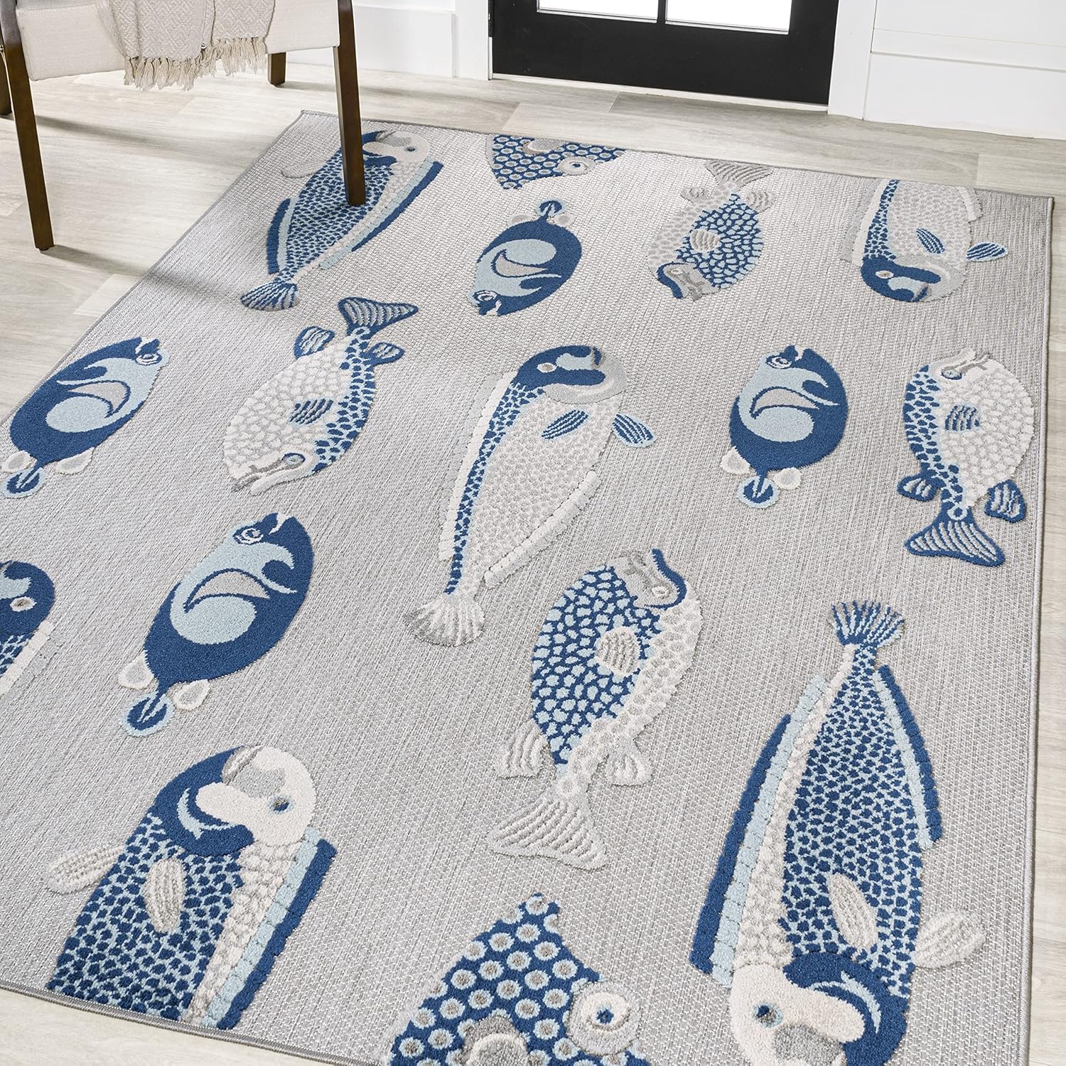 Eyely CMA114B-5 Amalfi Coast Nerja Fish High-Low Indoor/Outdoor Area Rug Nautical;Casual;Modern, Bedroom, Kitchen, Backyard, Patio, Easy-Cleaning, Non-Shedding, 5 X 8, Gray/Navy