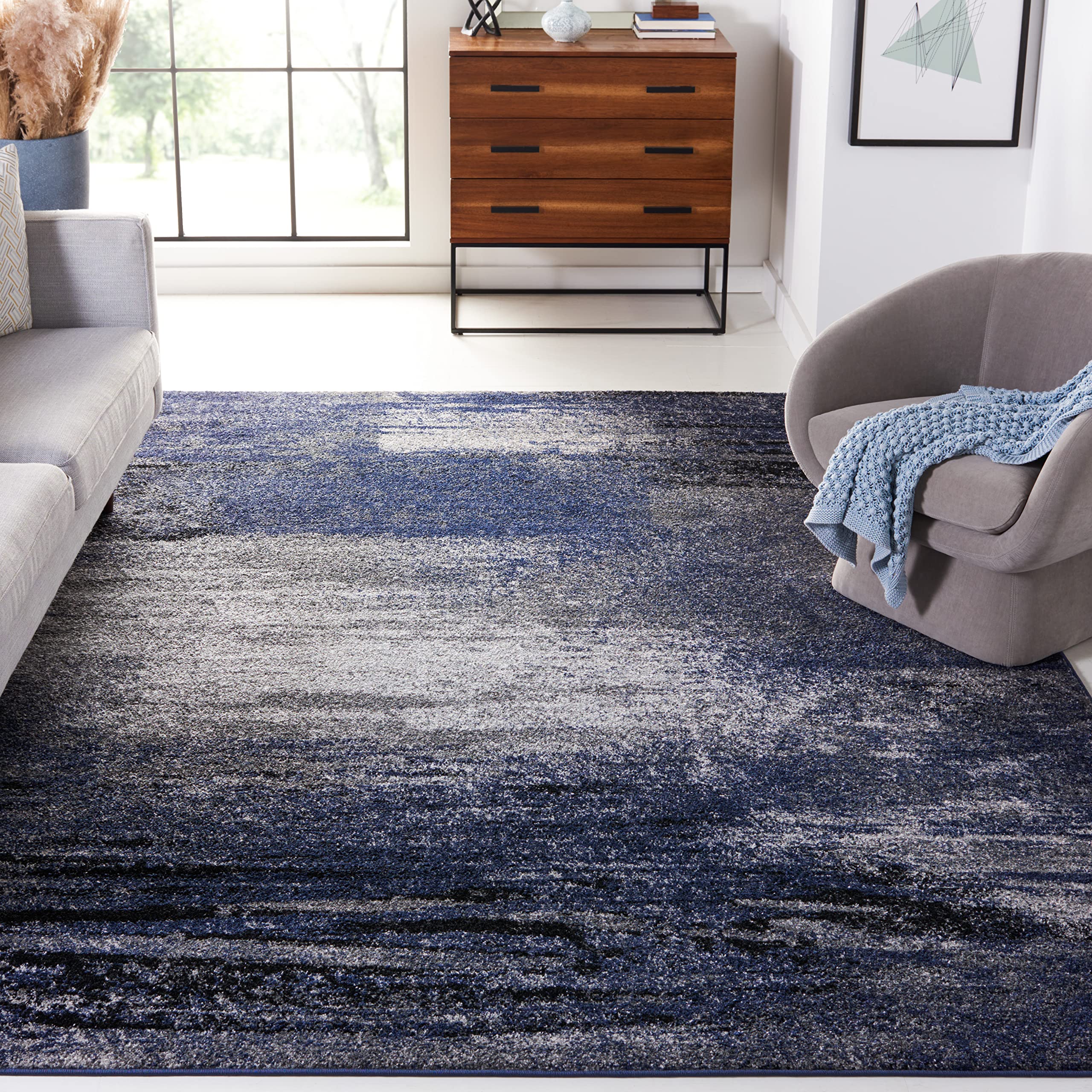 SAFAVIEH Adirondack Collection Area Rug - 8' Square, Grey & Blue, Modern Abstract Design, Non-Shedding & Easy Care, Ideal for High Traffic Areas in