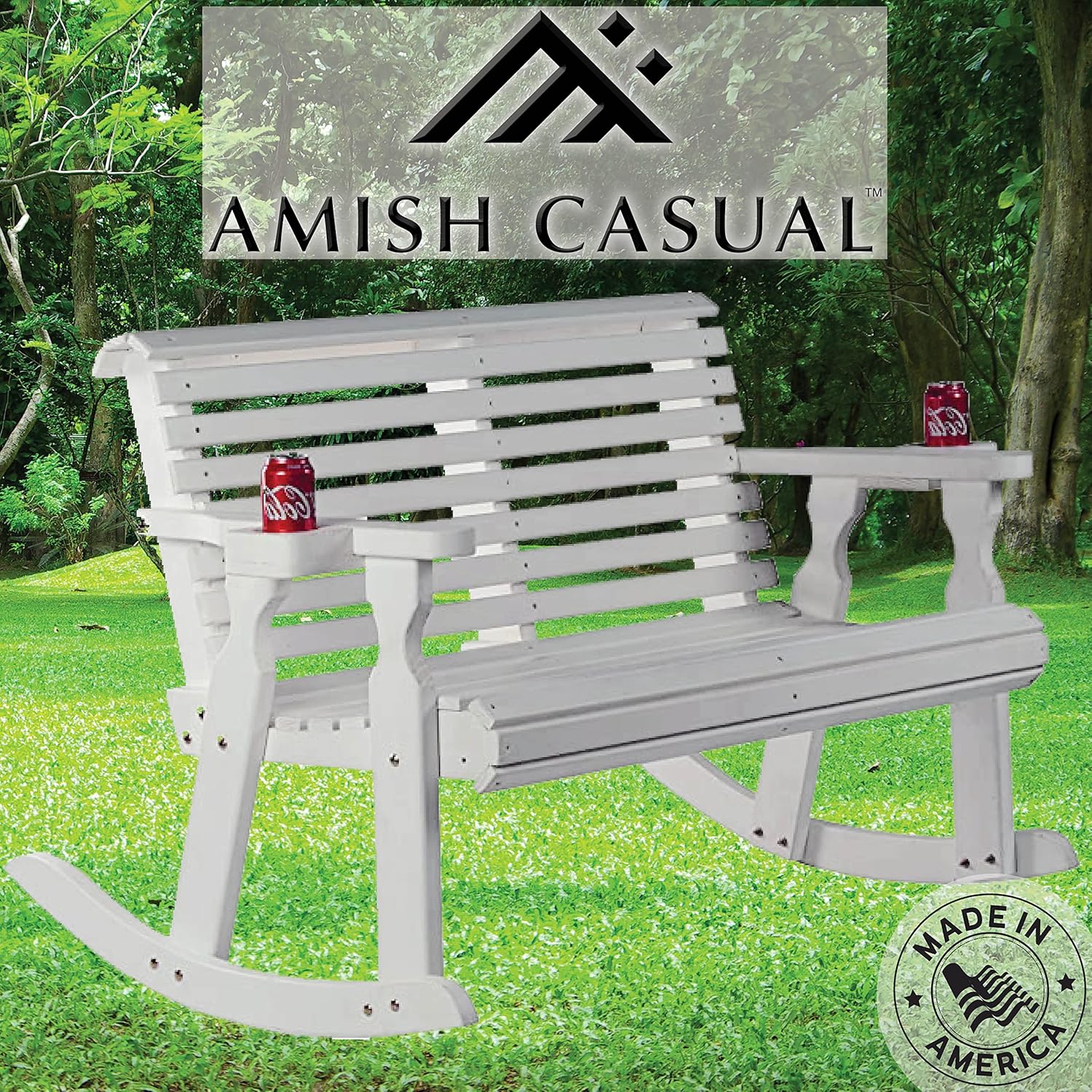 Amish Casual Heavy Duty 800 Lb Roll Back Pressure Treated Double Rocker with Cupholders (Semi-Solid White Stain)