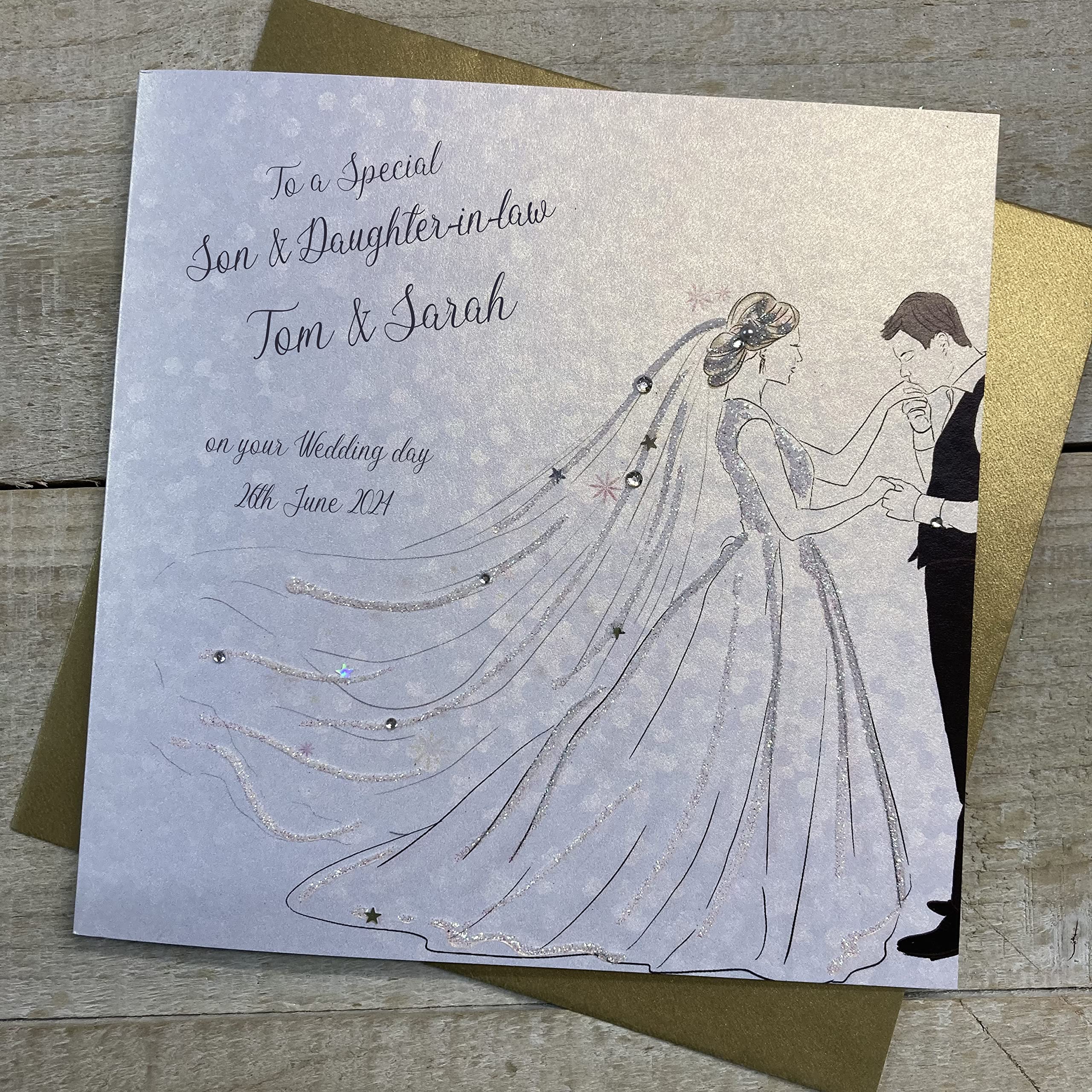 WHITE COTTON CARDS PERSONALISED WEDDING CARD, TO A SPECIAL SON & DAUGHTER-IN-LAW, COUPLE KISSING DESIGN, HAND FINISHED (X) P23-1-SD