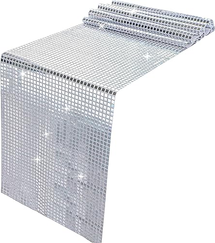 Snowkingdom Camino de mesa de discoteca con purpurina de 13 x 108 pulgadas, espejo plateado, camino de mesa retro de los años 70 y 80, decoración de