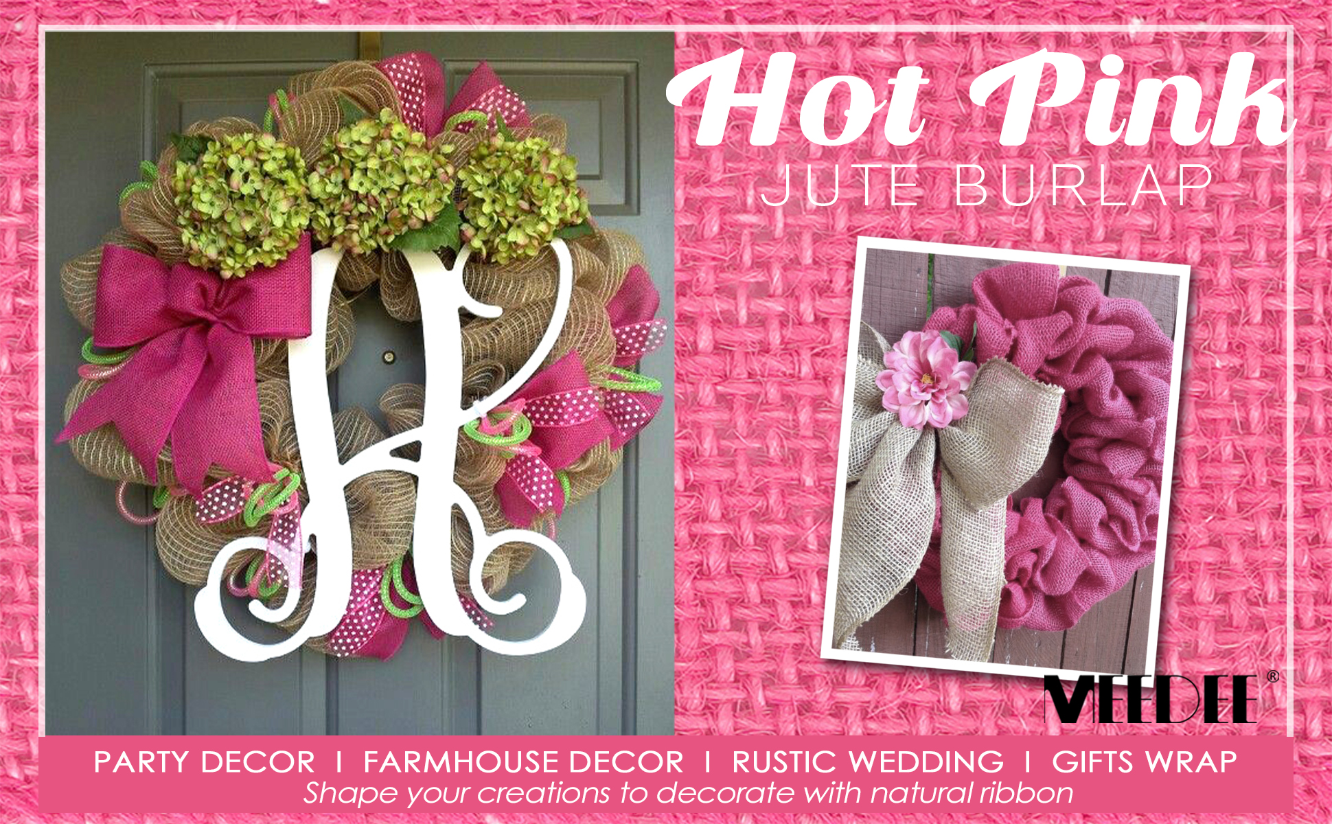 2 Pack 1/4 Inch Burlap Ribbon With Glitter - 10 Yards Each Pink Gold Craft Ribbon