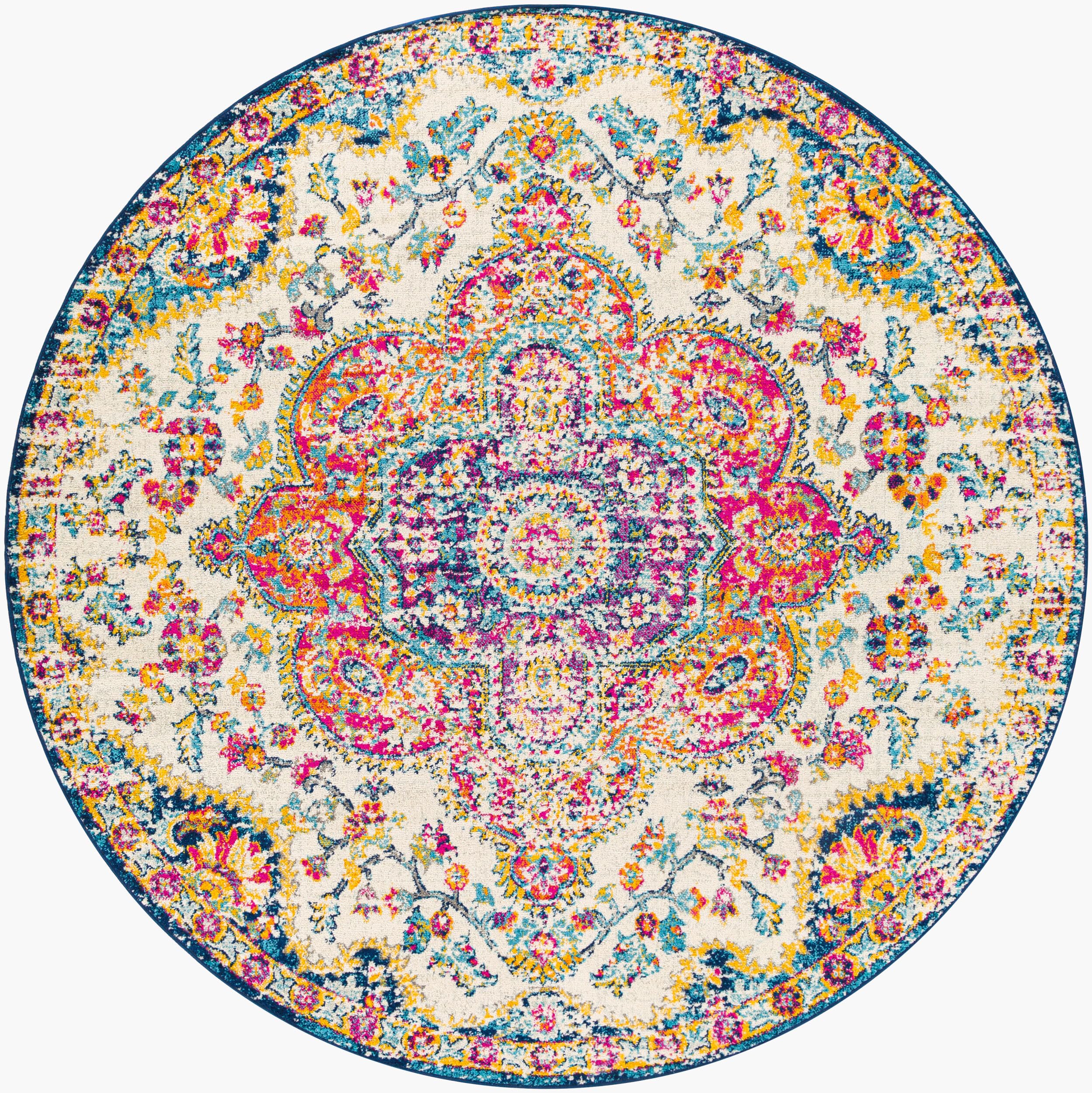 Livabliss Julia Rabat Vintage - Area s Living Room 200 cm, Dining Floor, Kitchen, Traditional Multicoloured Boho, Easy Care Pile, Bohemian Round, Fuchsia, Orange and Blue
