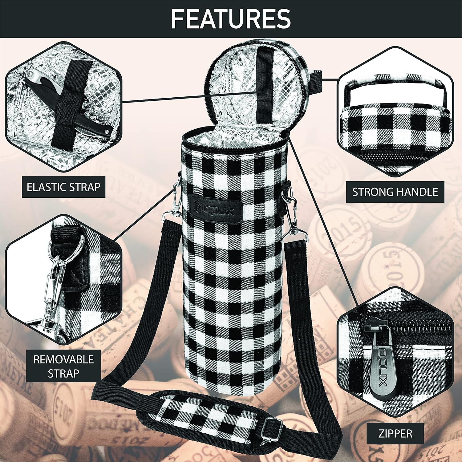 opux Single Bottle Wine Bag Carrier Insulated Cooler Tote Plaid White Black image 4