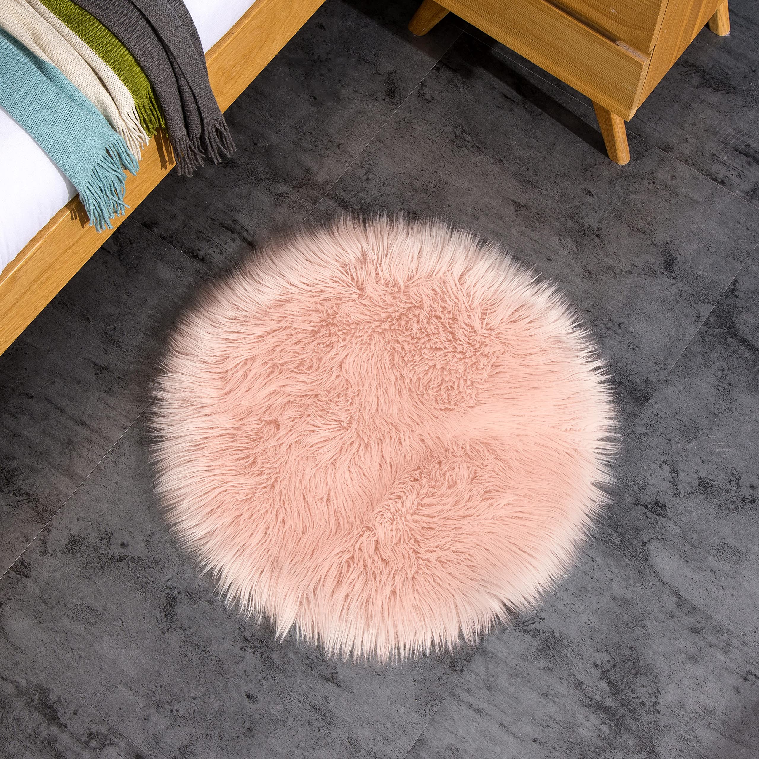 Tappeto In Pelliccia Sintetica - Imitazione Pelle Agnello, Rotondo 120cm, Rosa, Lavabile - Foto 4