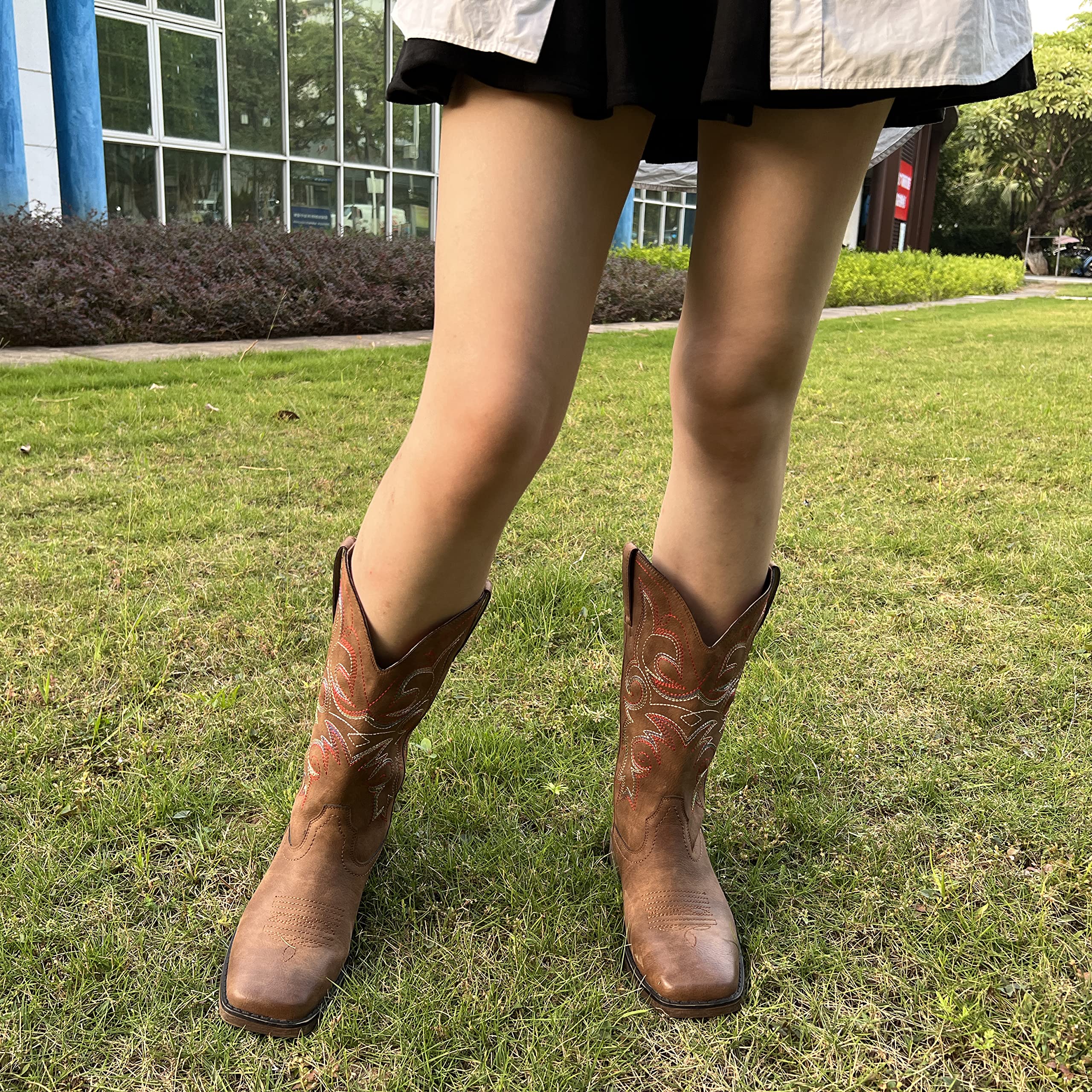 SheSole Damen Cowboystiefel Mit Blockabsatz Eckige Zehenkappe Frauen Western Boots