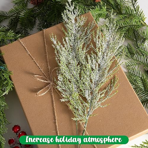 Miniatura 5 de Alpurple 50 ramas de pino esmerilado de nieve de Navidad, ramas de pino artificial nevadas de 13.5 pulgadas, ramitas de cedro verde, tallos de pino