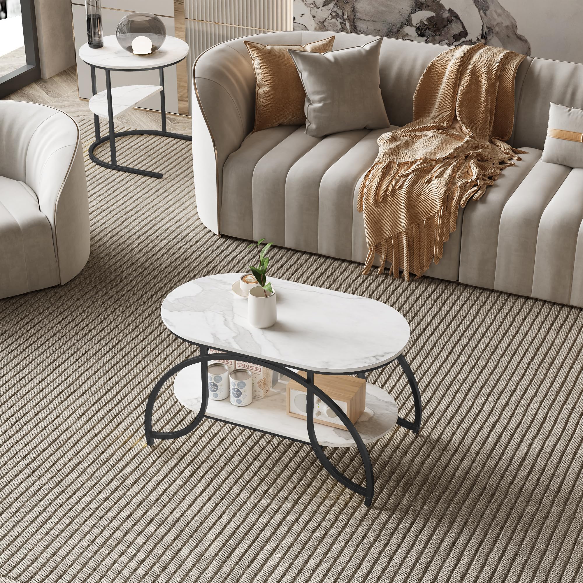 KeepGoon Table Basse Ronde avec Rangement, Tables Basses de Salon Moderne à encastrer empilable, Tables gigognes de Salon latérale en marbre plaqué, Table de Canapé avec Cadre Métallique Robuste