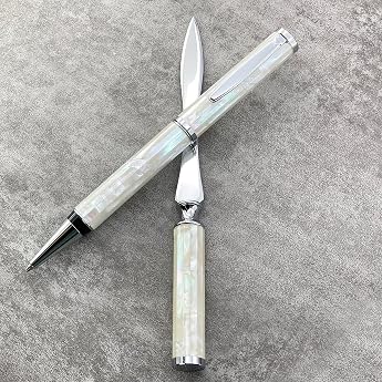 LACHIEVA LUX Pearl White Shell Abalone Metal Ballpoint Pen with Letter Opener Set Writing Gift Beautiful Pen Set for Men and Women and Any Holiday White Shell