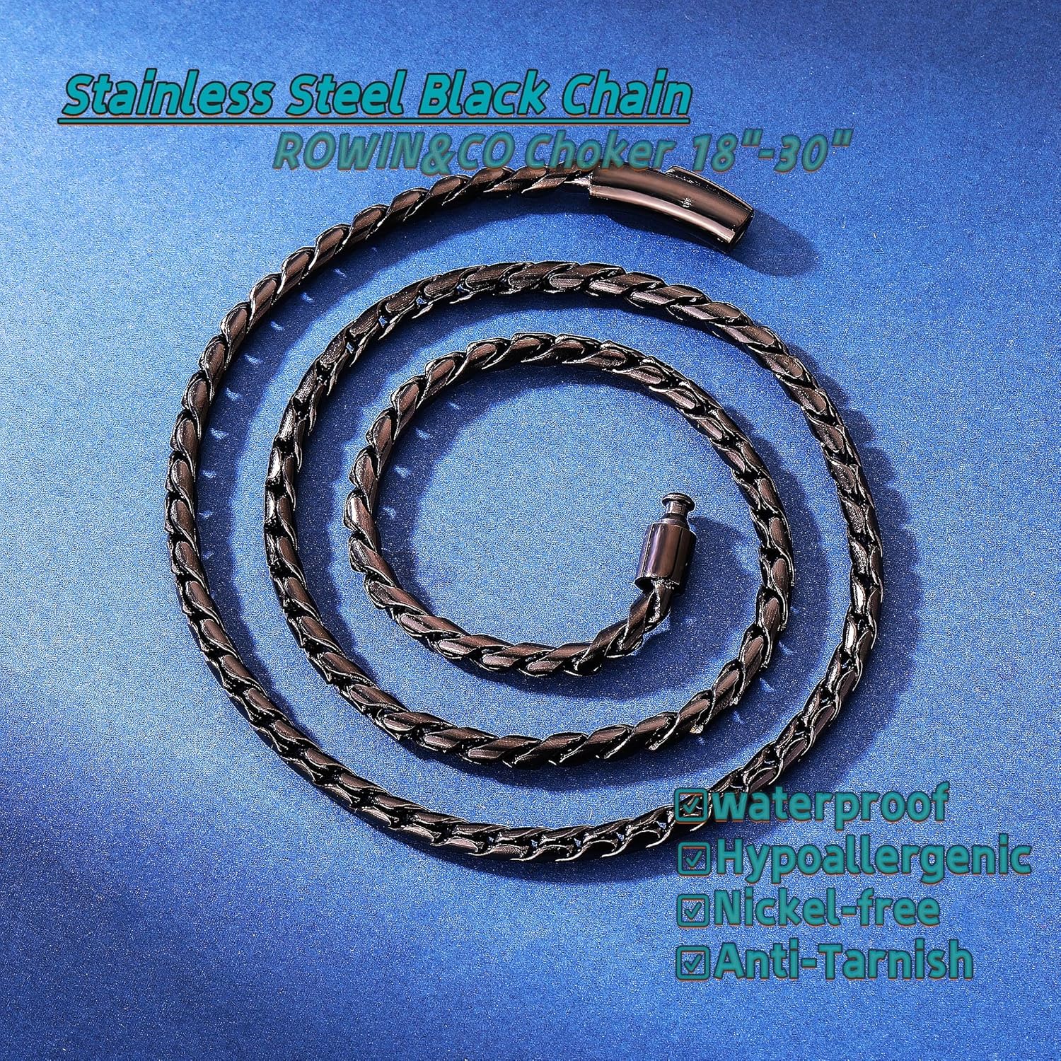ROWIN&CO Twisted Rope Curb Cuban Chain 6mm Stainless Steel Necklace, Silver/Black/Blue Chain for Men Women Choker Jewelry Miami Link Hip hop Gifts 16"-30" - Image 3