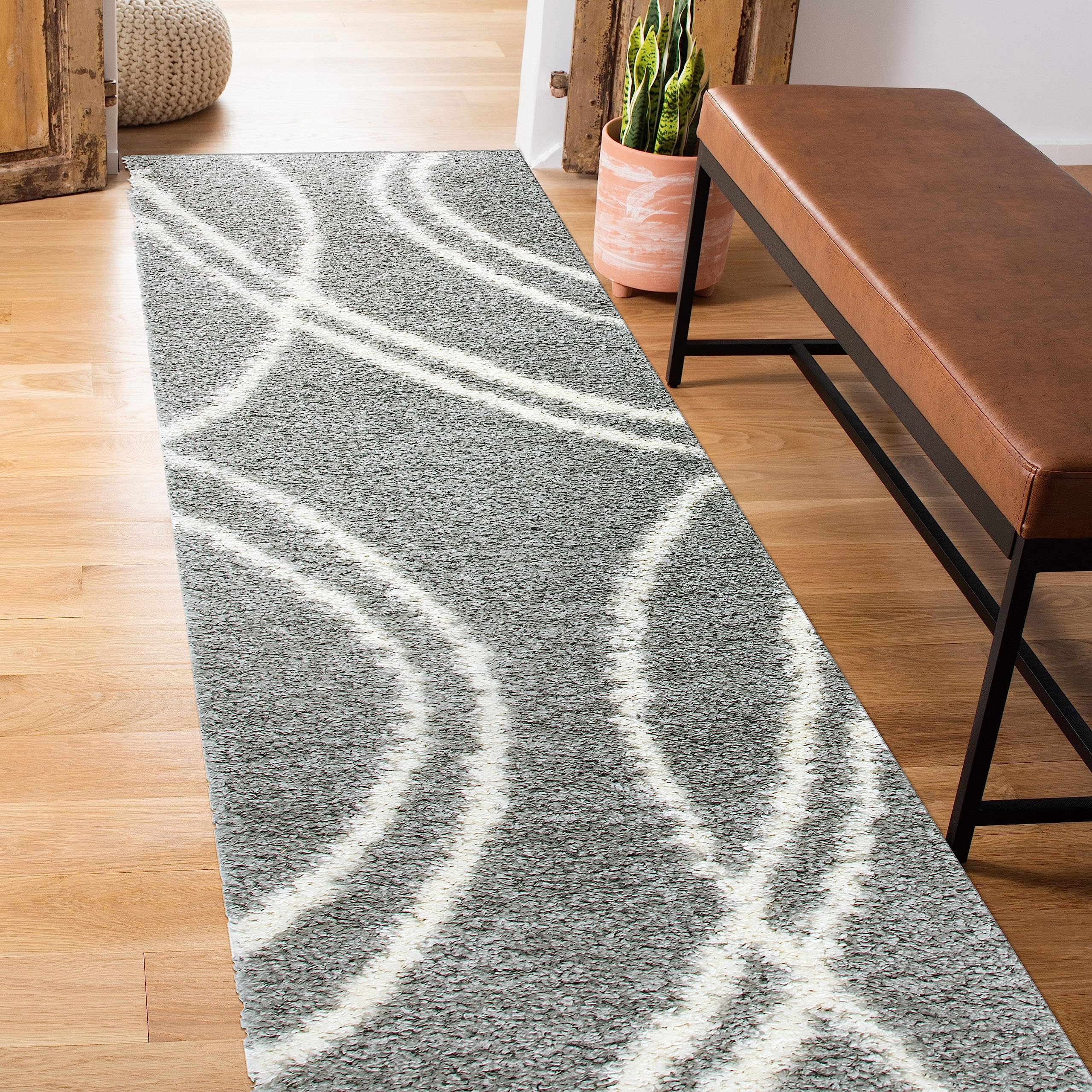 Rugshop Cozy Contemporary Stripe L.Grey-White 2' X 7'2" Indoor Shag Area Rug Runner