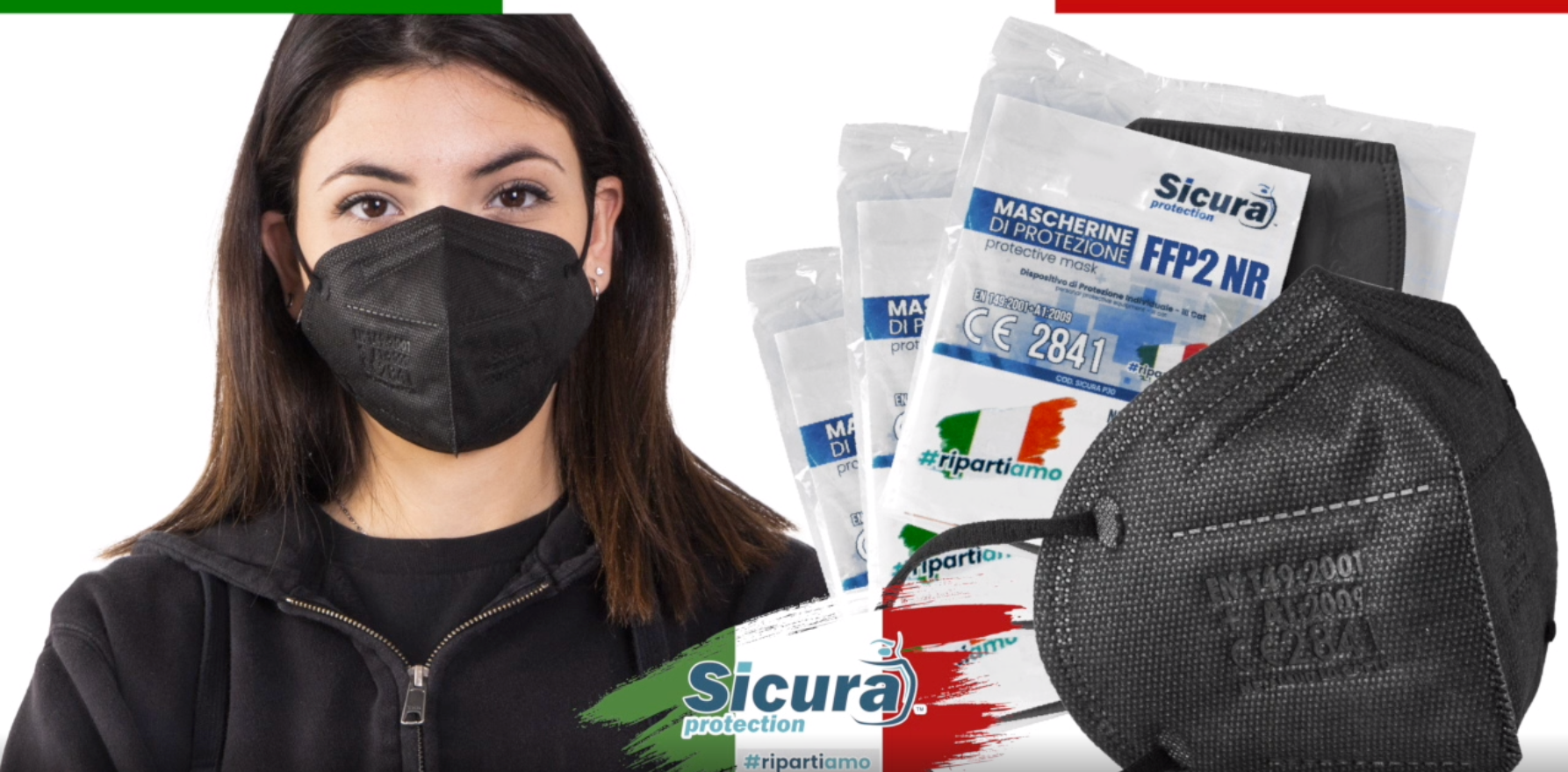 20 Masques FFP2 Noirs Certifiés CE - Fabriqués En Italie, BFE ≥99%, Désinfection UV-C