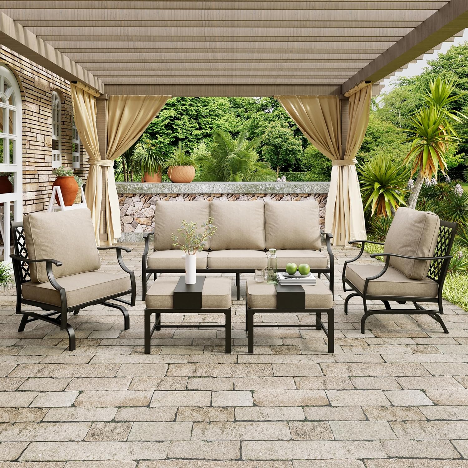 MIXPATIO Patio Furniture Set 5 pcs, Outdoor Patio Furniture Set, 3-Seat Sofa, 2 Rocking Chairs, 2 Ottomans and 5.75" Extra Thick Cushion, Patio Conversation Set for Garden Backyard Deck,Beige