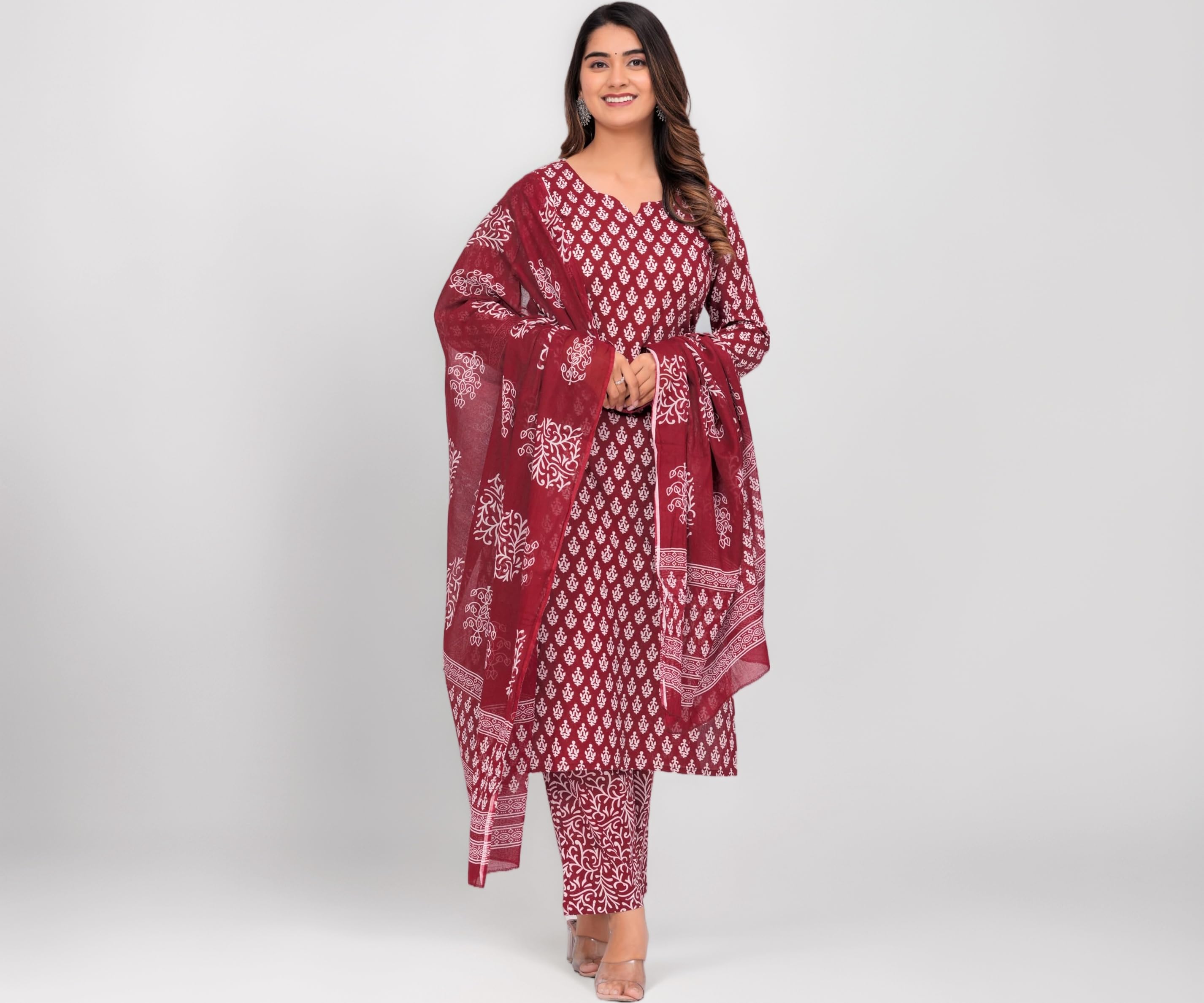 MEERA FAB Women's Cotton Printed Straight Kurta with Palazzo & Dupatta Set
